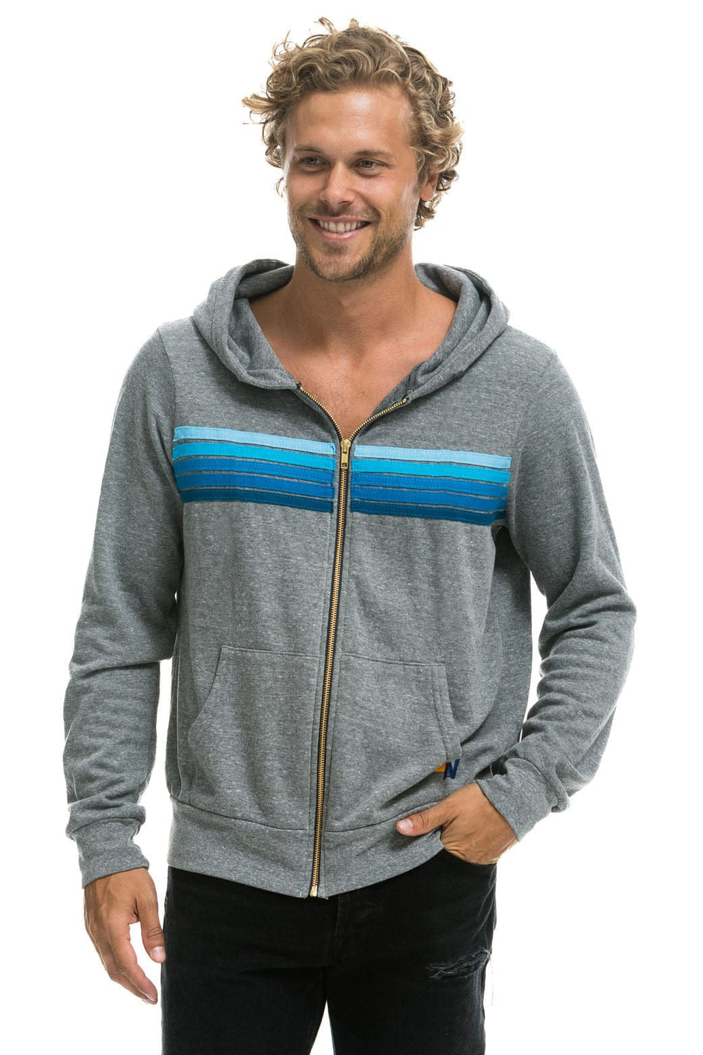 Classic 5 STRIPE HOODIE - HEATHER GREY BLUE