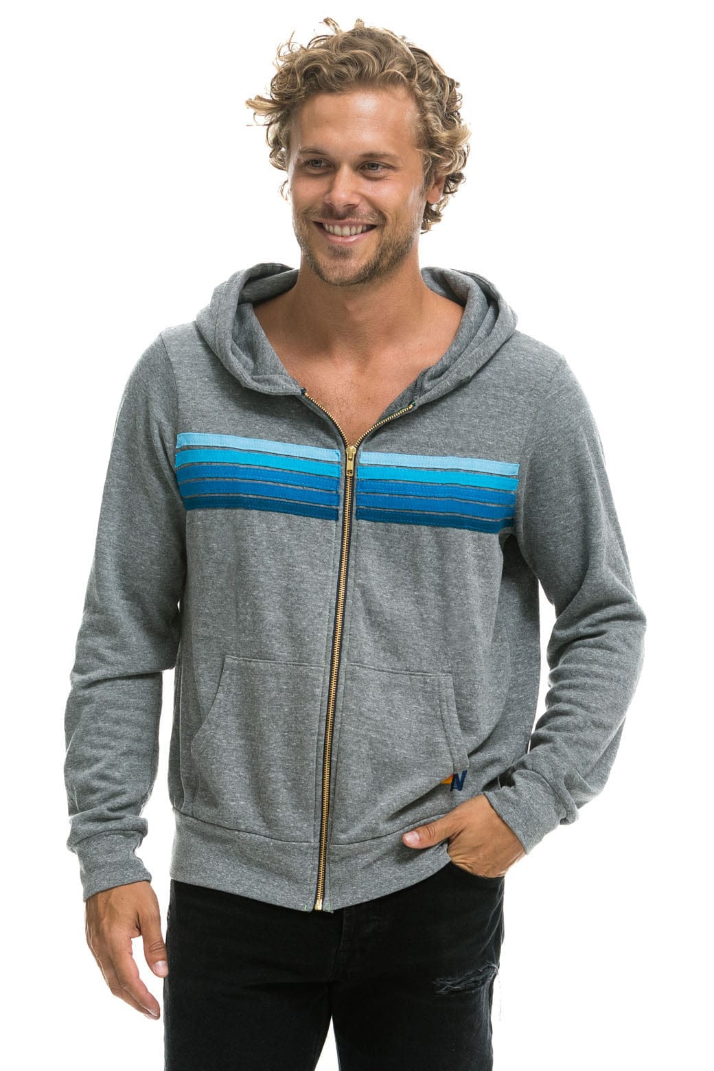 Classic 5 STRIPE HOODIE - HEATHER GREY BLUE