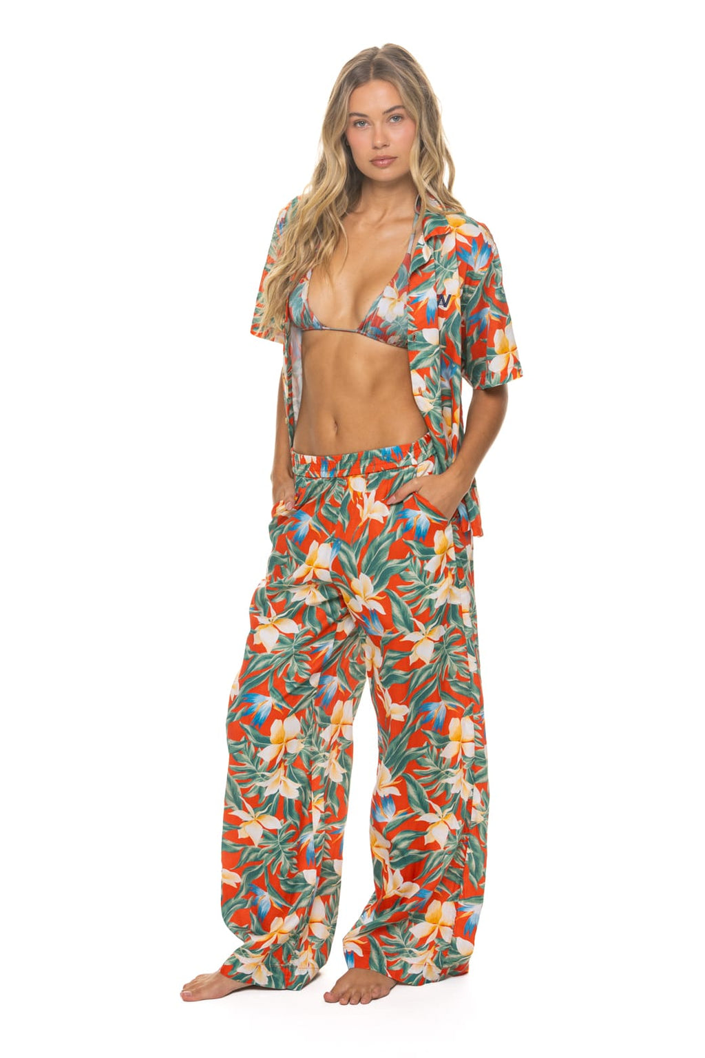 Classic WOMENS COTTON LUXE POPLIN WIDE LEG PANT - RED KAUAI