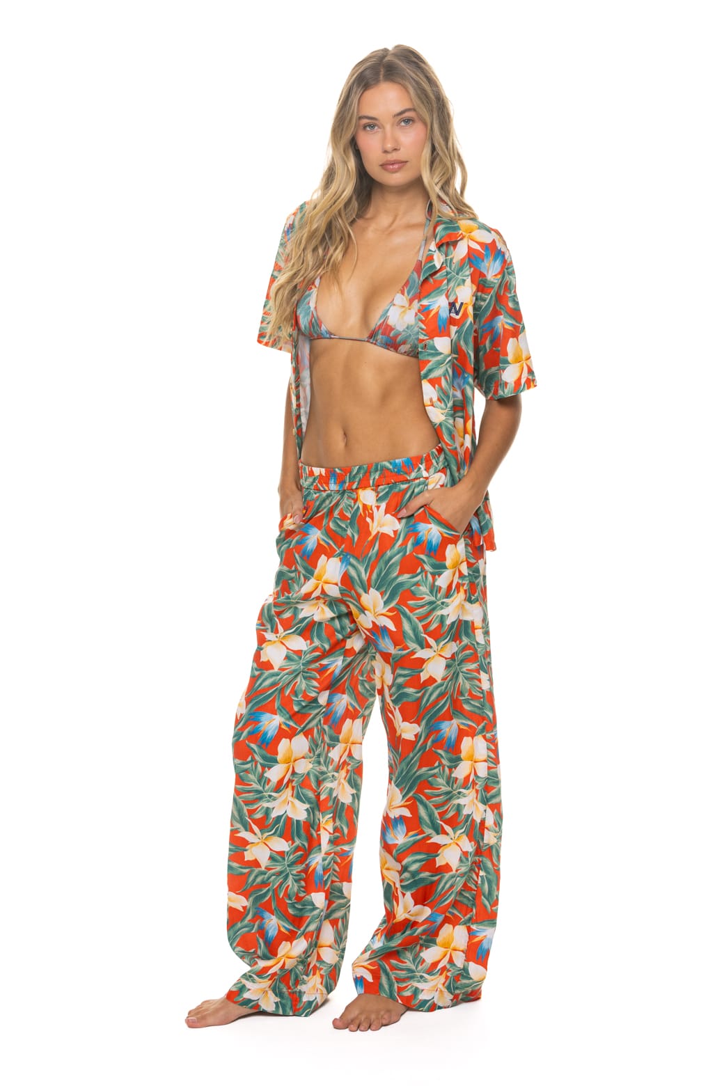 Classic WOMENS COTTON LUXE POPLIN WIDE LEG PANT - RED KAUAI