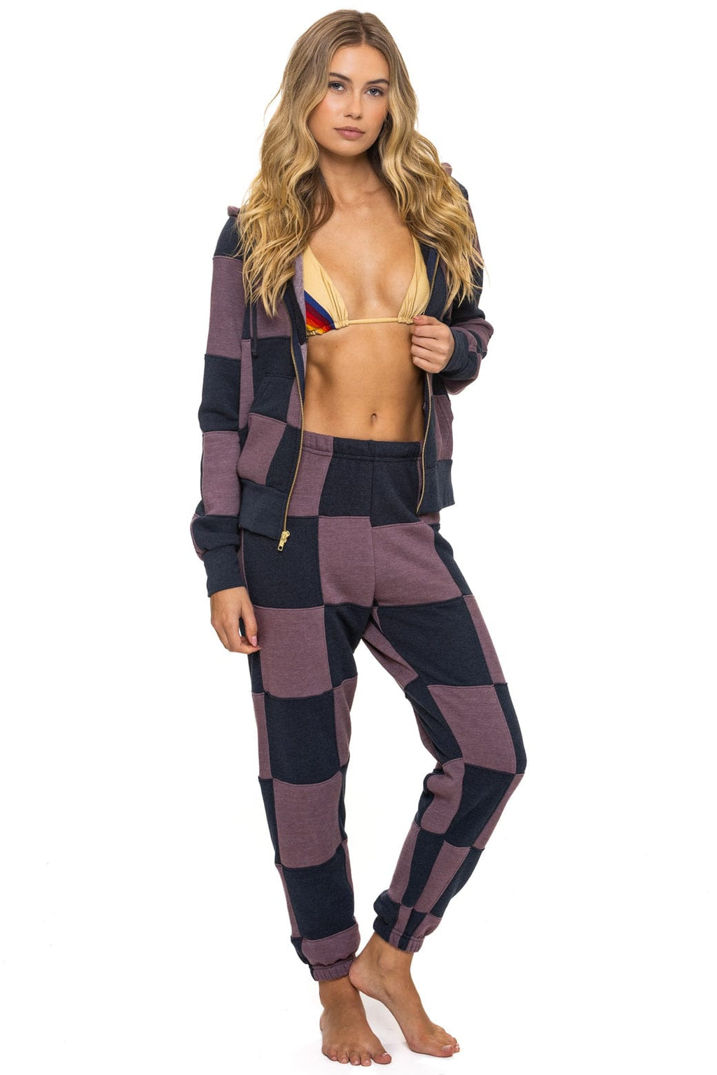 Classic CHECK QUILT ZIP HOODIE - CHARCOAL MOCHA