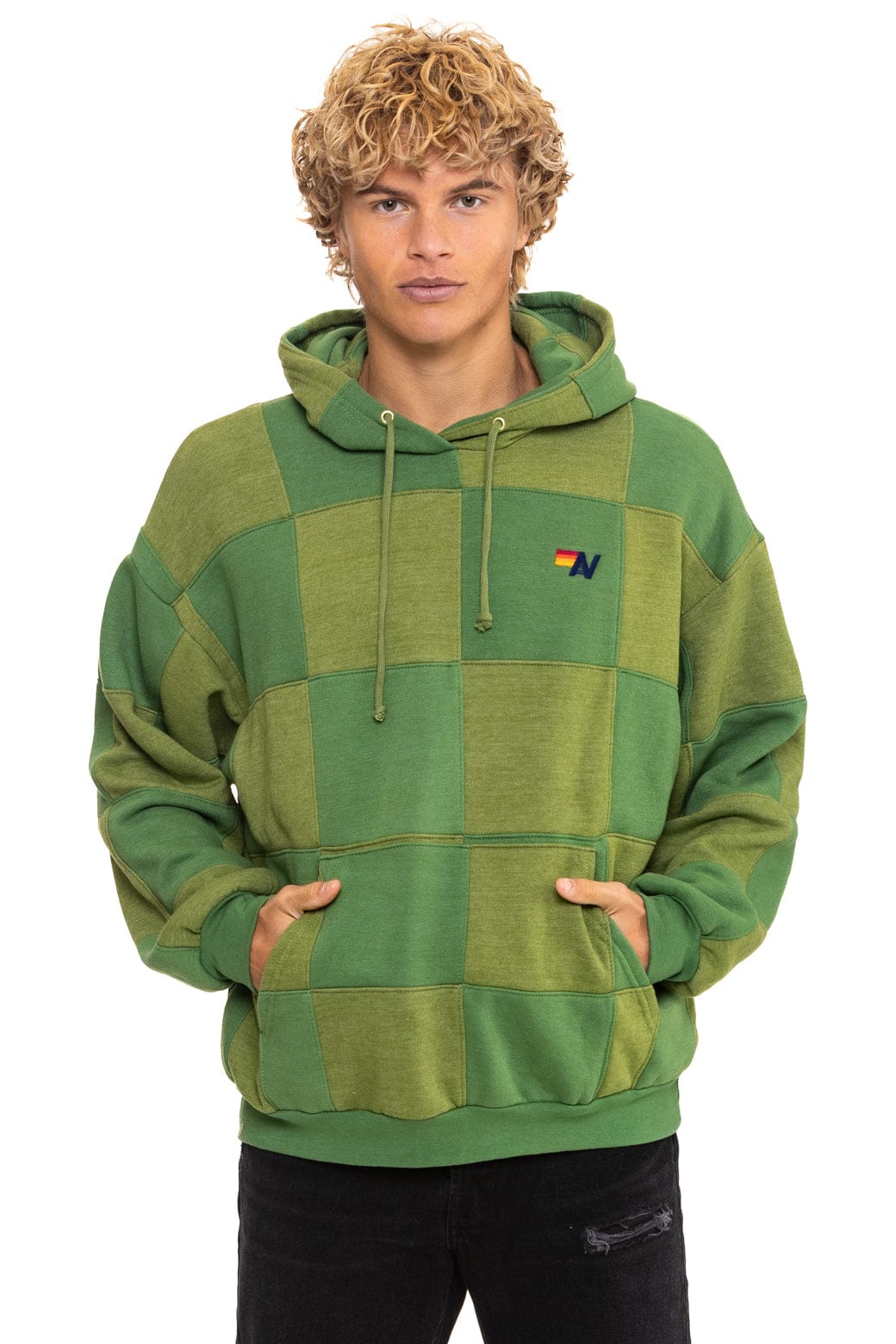 Classic CHECK QUILT RELAXED PULLOVER HOODIE - JUNGLE GREEN PALM