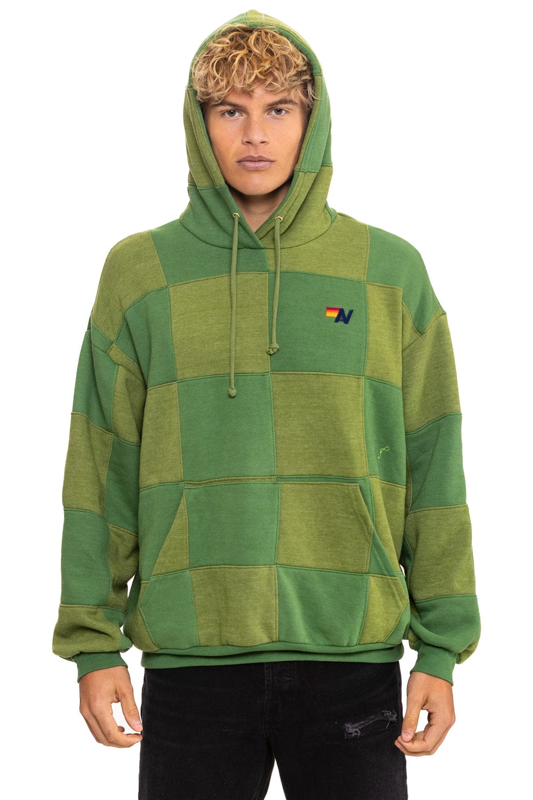 Classic CHECK QUILT RELAXED PULLOVER HOODIE - JUNGLE GREEN PALM