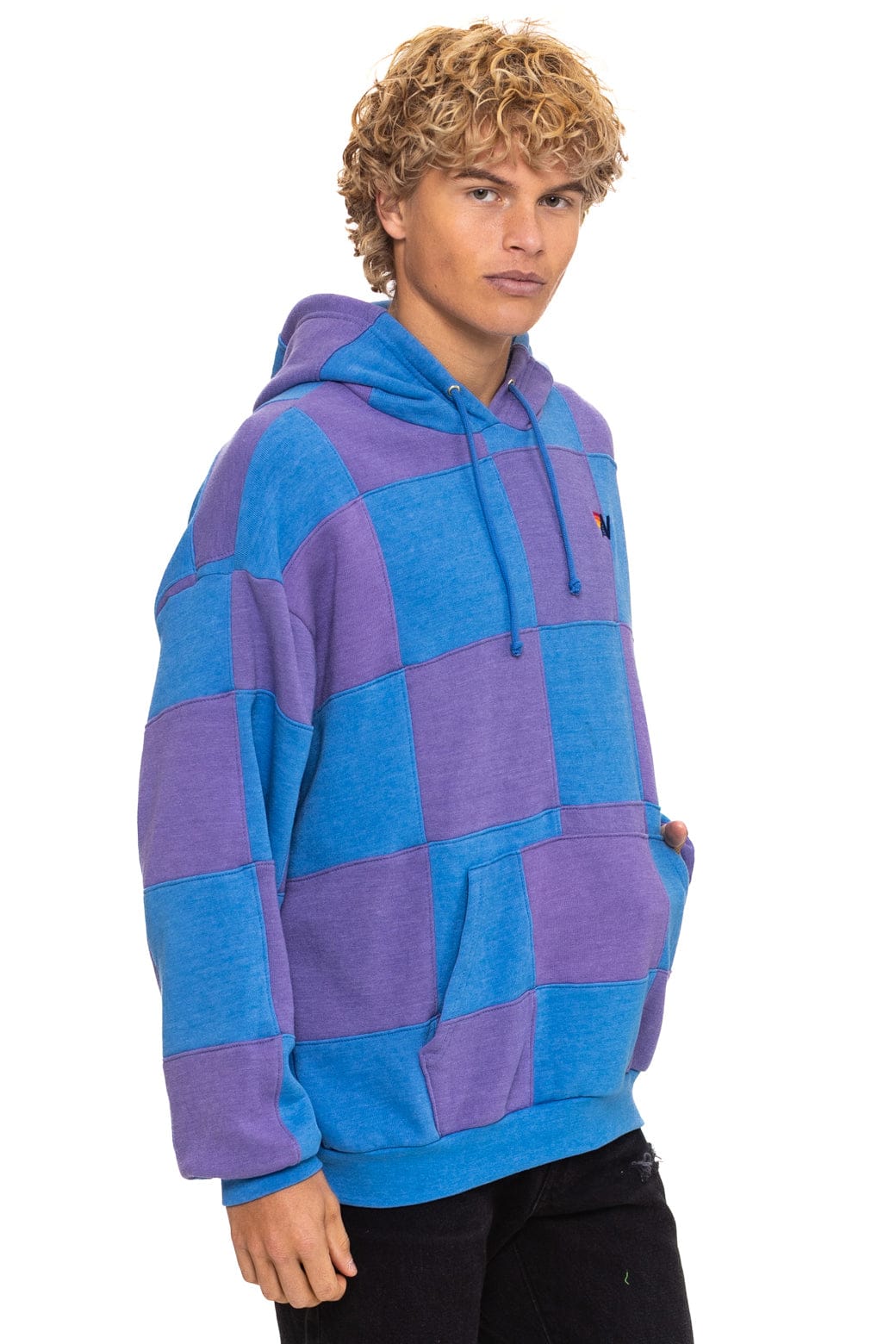 Classic CHECK QUILT RELAXED PULLOVER HOODIE - LAVENDER OCEAN