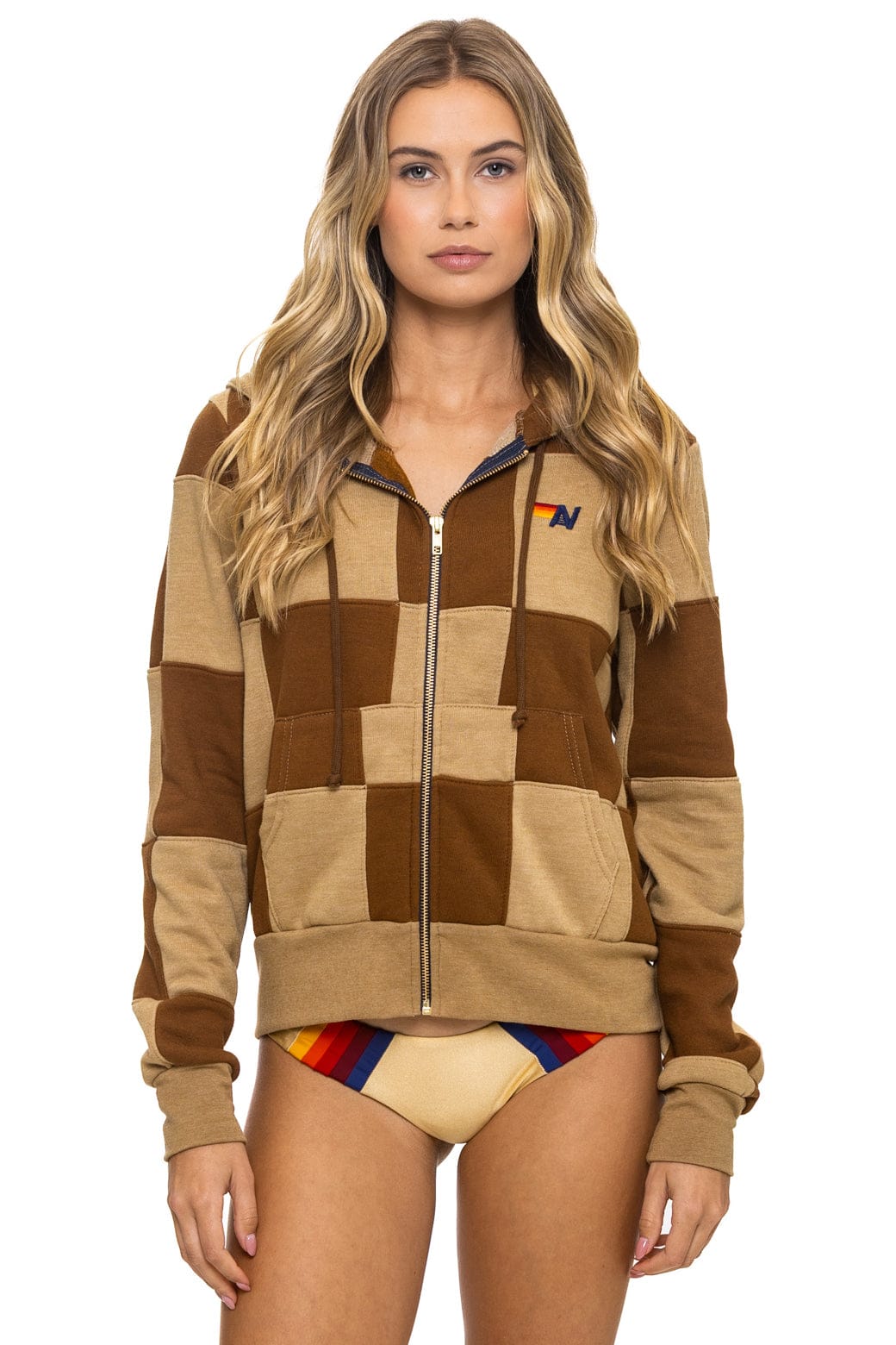 Classic CHECK QUILT ZIP HOODIE - TAN CINNAMON