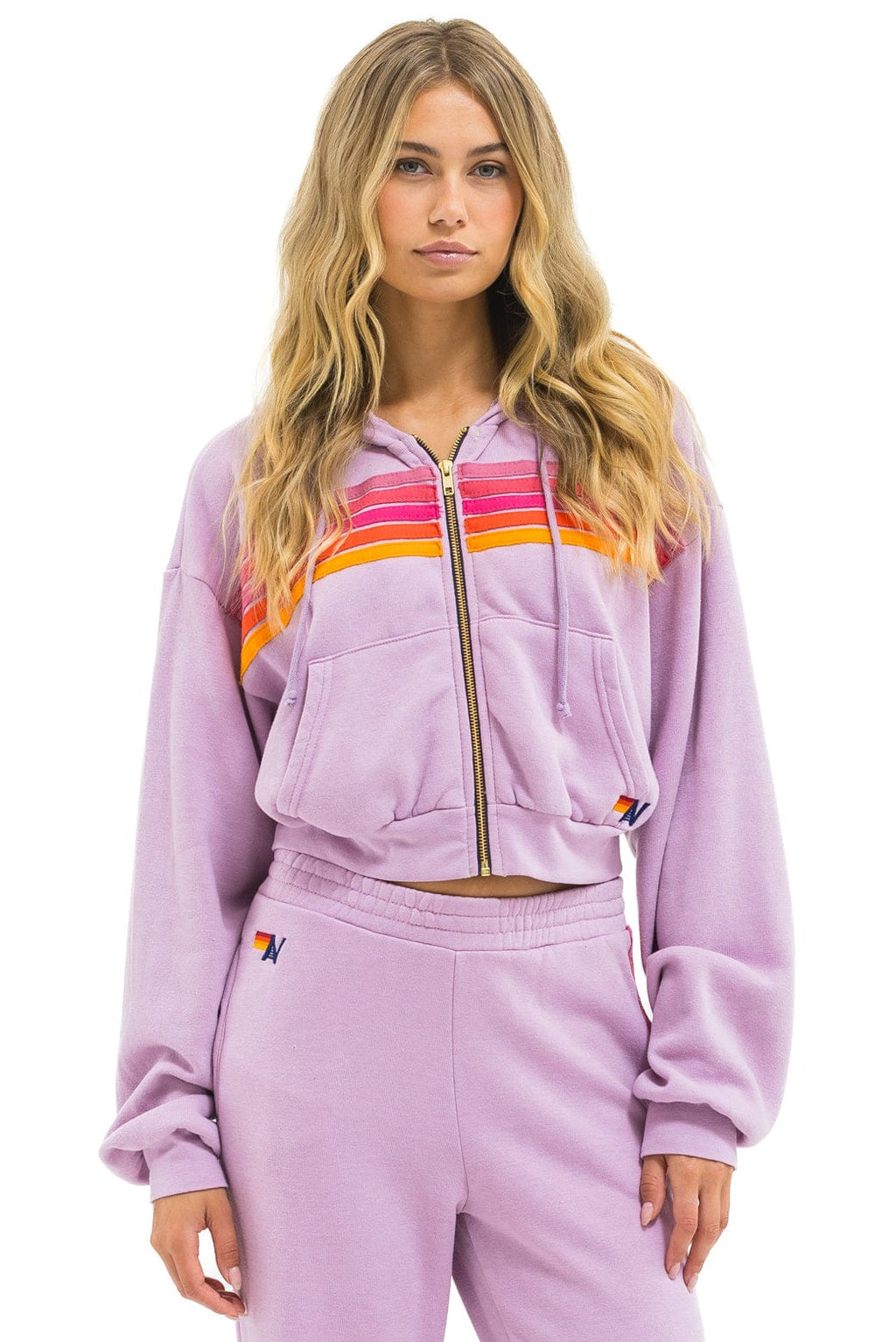 Classic 5 STRIPE CROPPED ZIP HOODIE RELAXED - MAUVE MAGENTA ORANGE