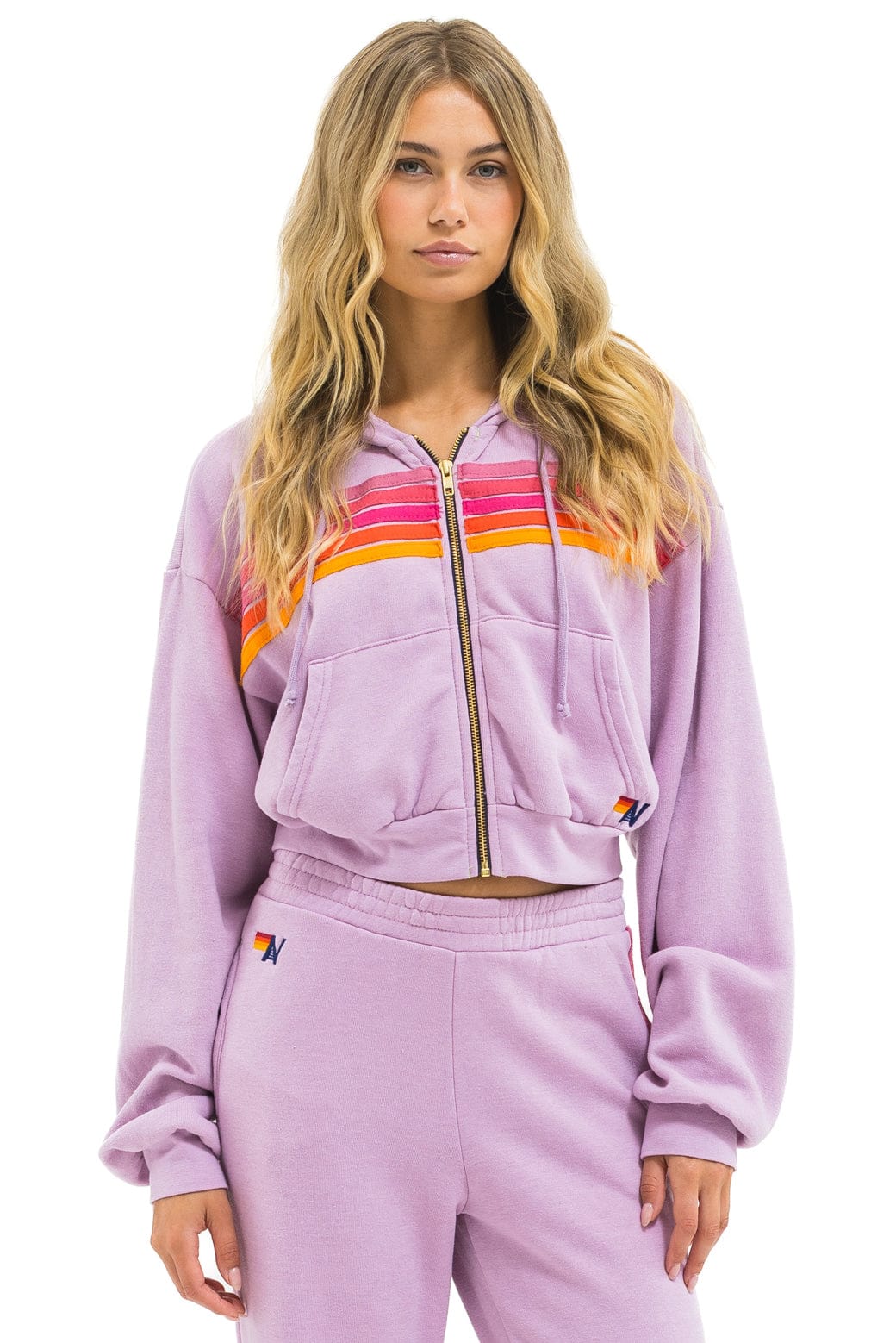 Classic 5 STRIPE CROPPED ZIP HOODIE RELAXED - MAUVE MAGENTA ORANGE