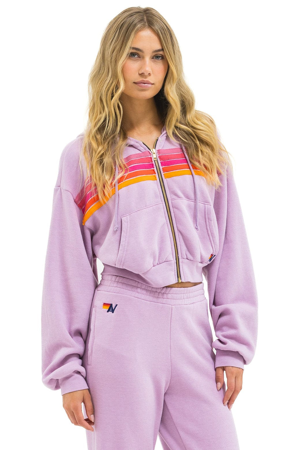Classic 5 STRIPE CROPPED ZIP HOODIE RELAXED - MAUVE MAGENTA ORANGE