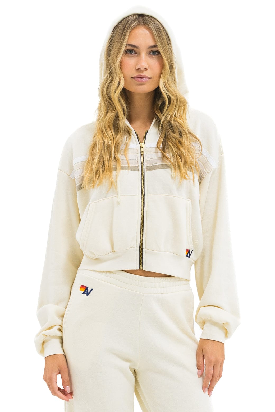 Classic 5 STRIPE CROPPED ZIP HOODIE RELAXED - VINTAGE WHITE WHITE GREY
