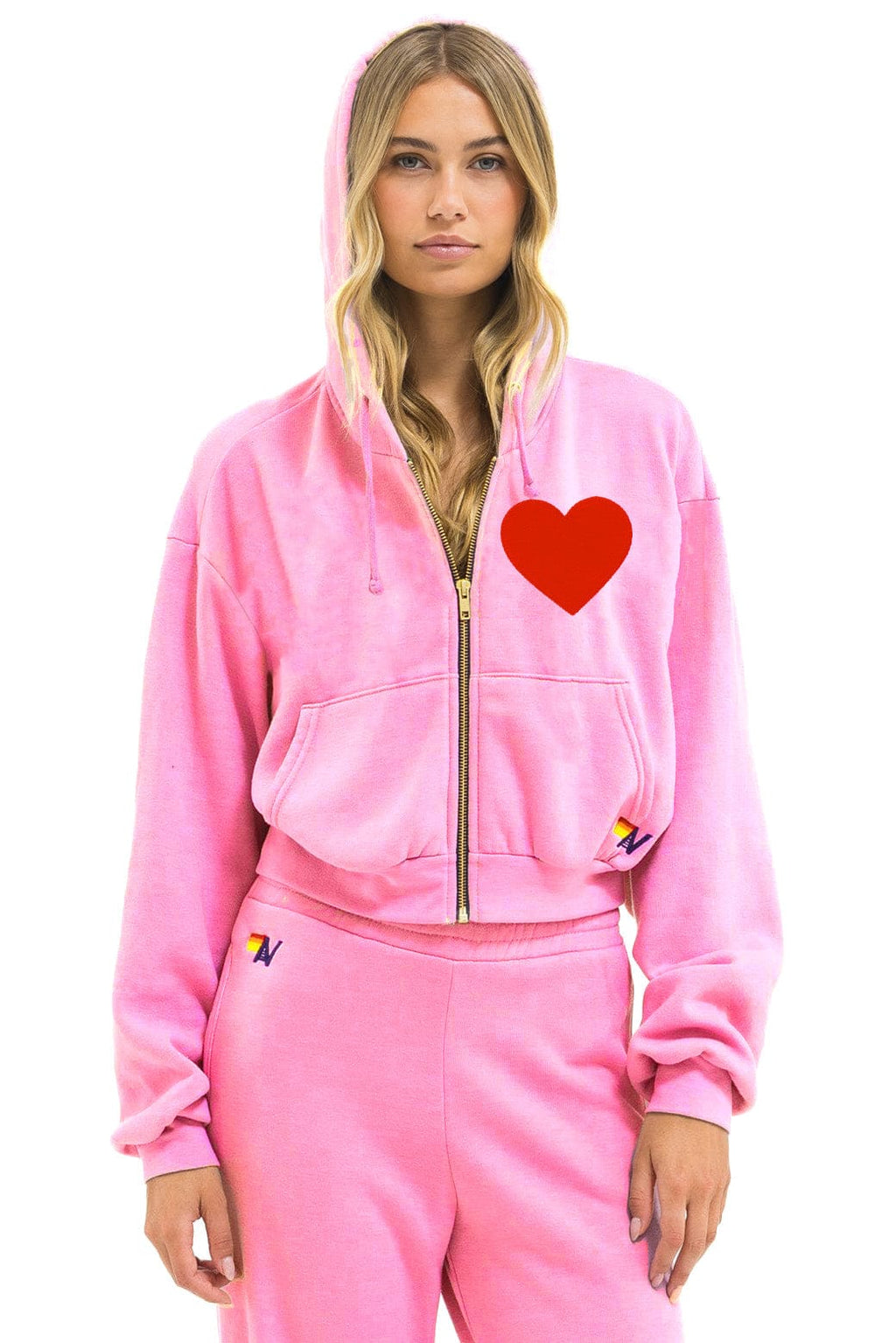 Classic HEART STITCH RELAXED CROP ZIP HOODIE - NEON PINK