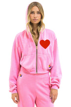 Classic HEART STITCH RELAXED CROP ZIP HOODIE - NEON PINK