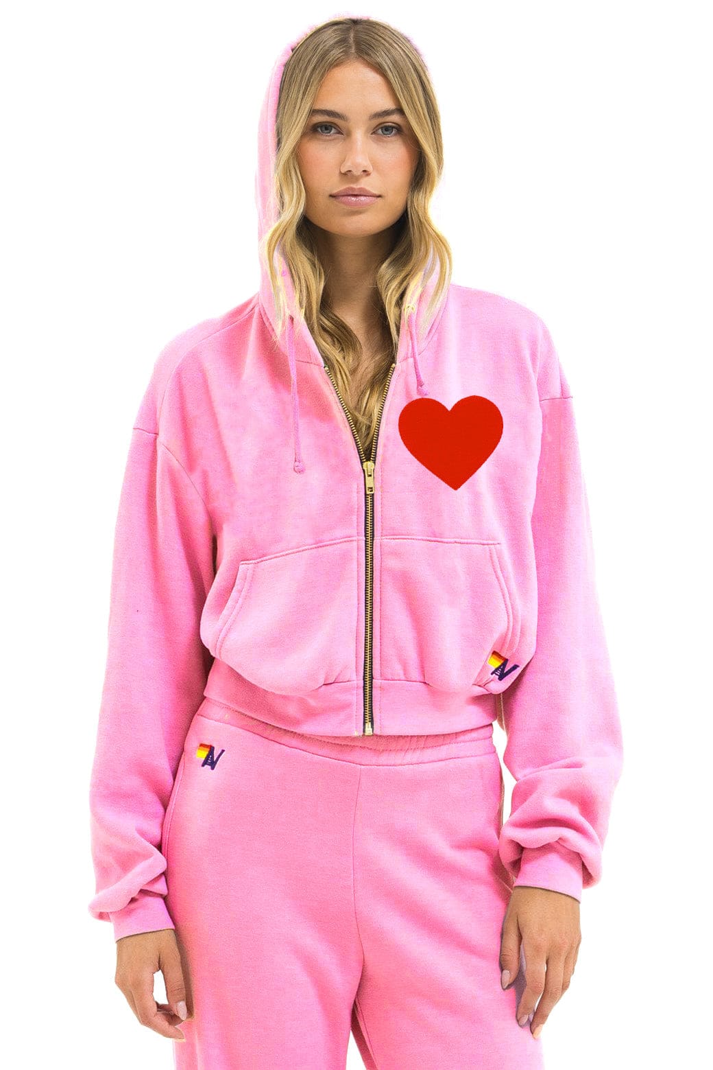 Classic HEART STITCH RELAXED CROP ZIP HOODIE - NEON PINK