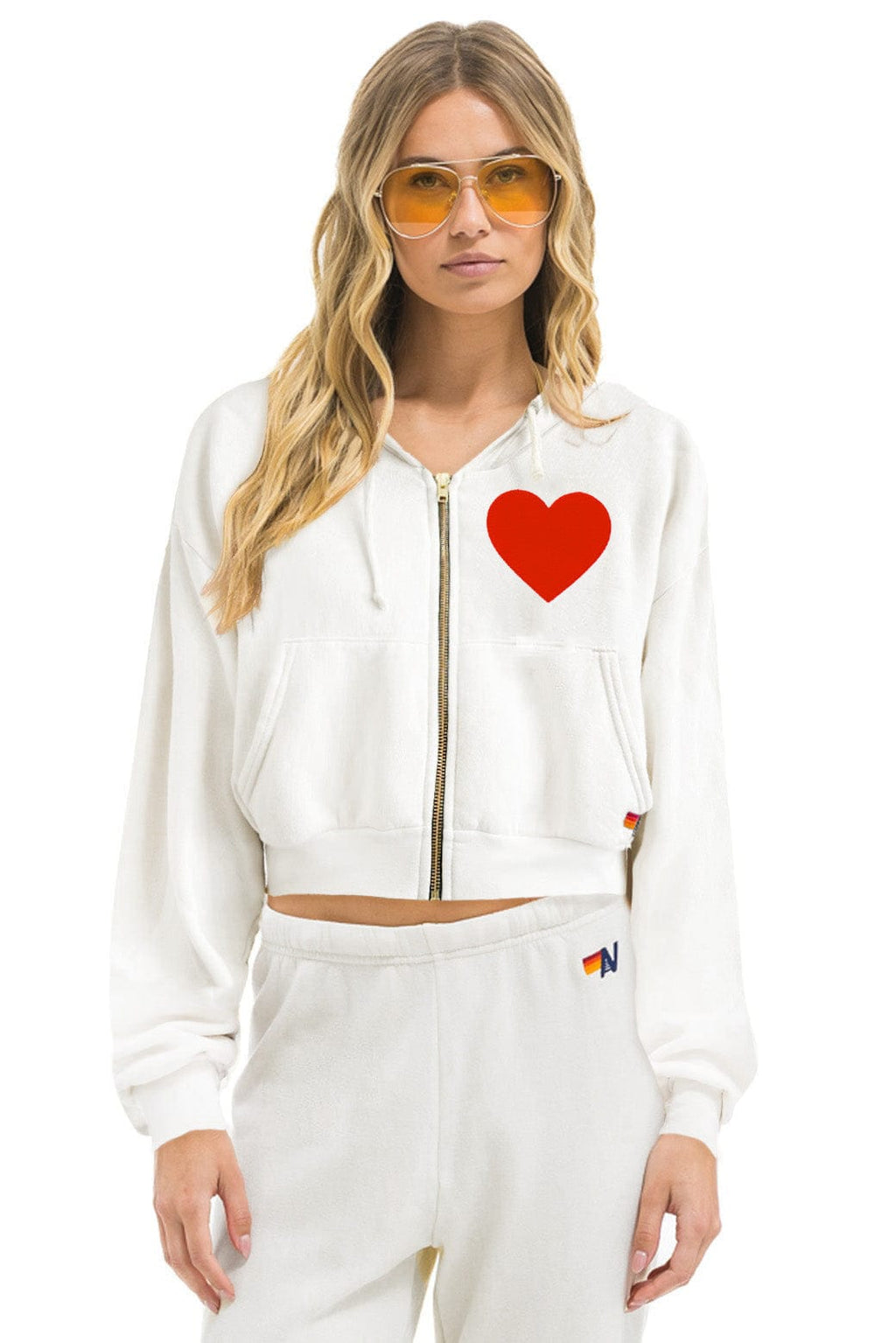 Classic HEART STITCH RELAXED CROP ZIP HOODIE - WHITE