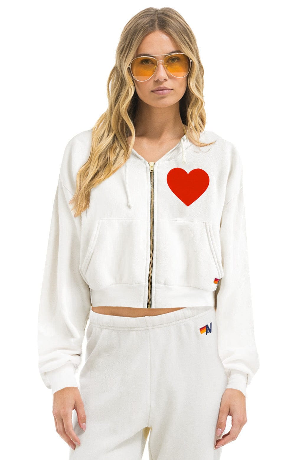 Classic HEART STITCH RELAXED CROP ZIP HOODIE - WHITE