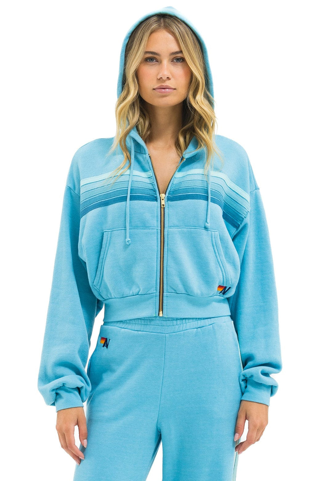 Classic 5 STRIPE CROPPED ZIP HOODIE RELAXED - AQUA AQUA