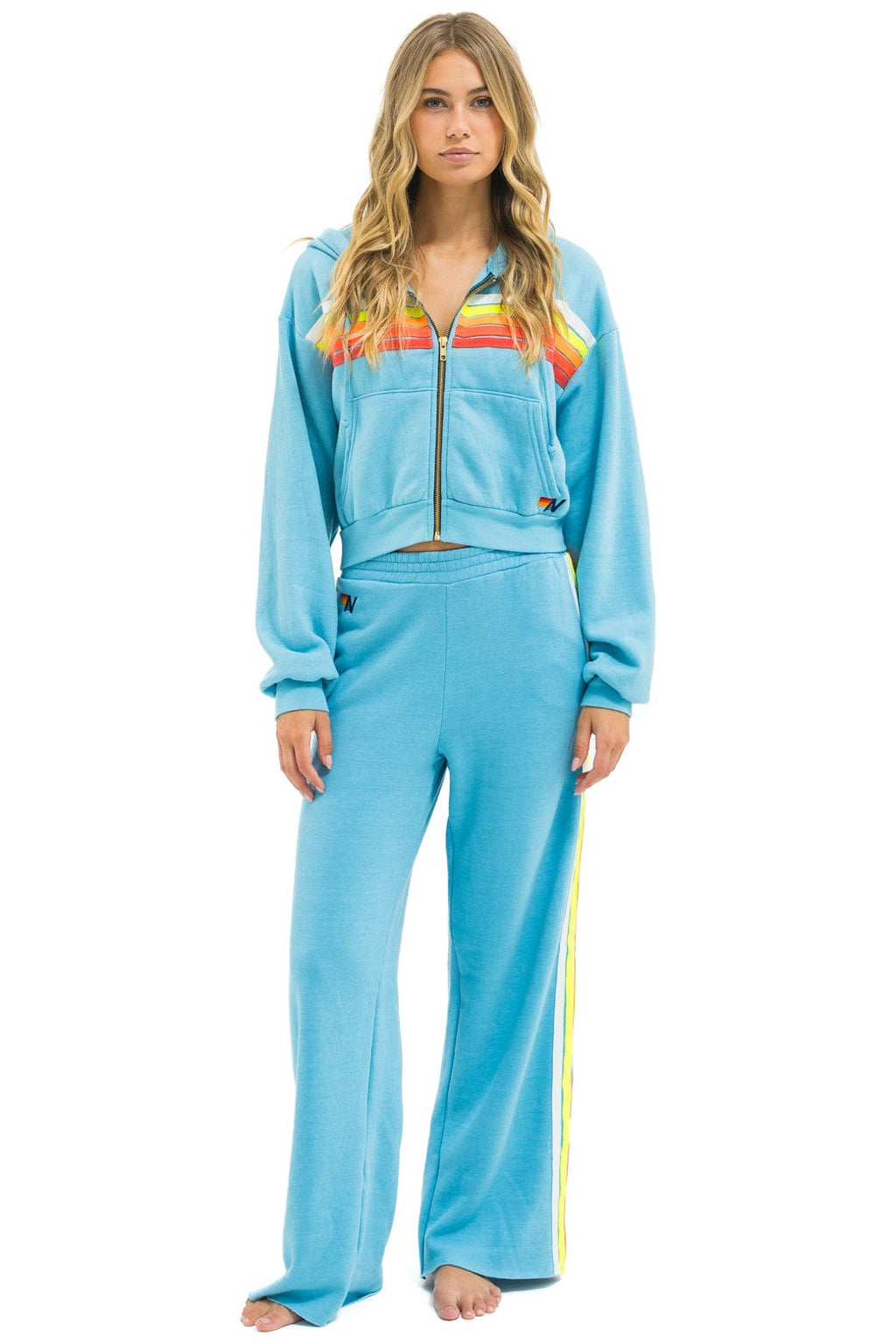 Classic 5 STRIPE WIDE LEG POCKET SWEATPANTS - AQUA WHITE NEON