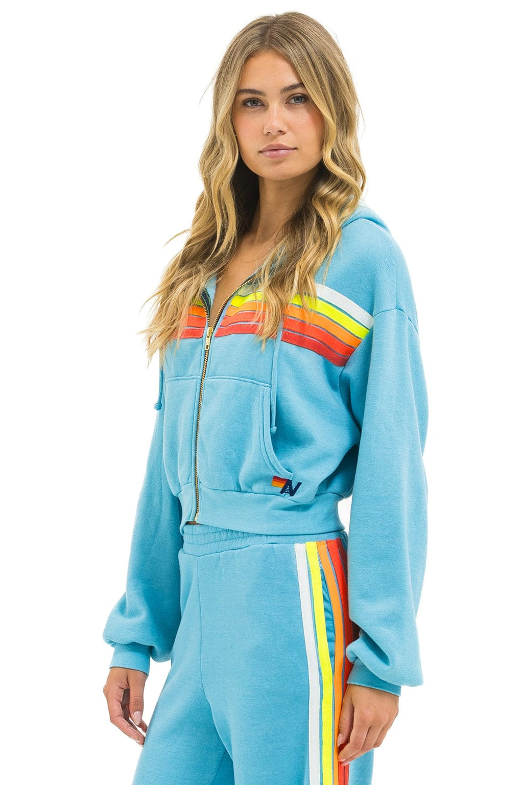 Classic 5 STRIPE CROPPED ZIP HOODIE RELAXED - AQUA WHITE NEON