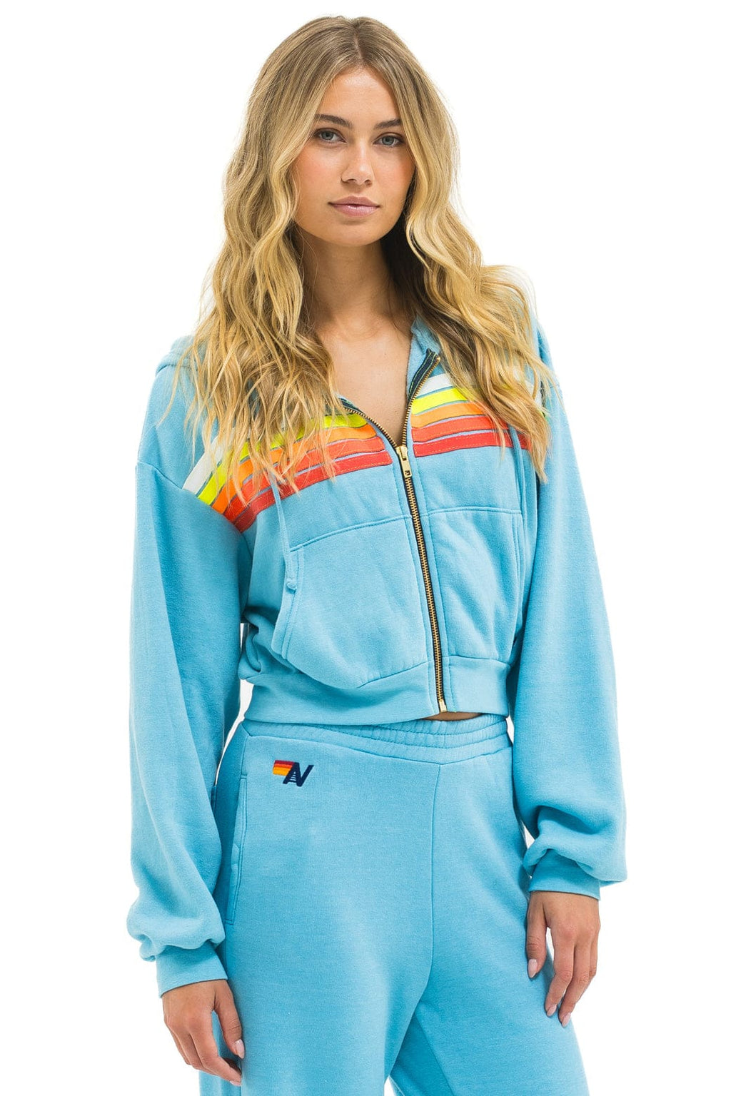 Classic 5 STRIPE CROPPED ZIP HOODIE RELAXED - AQUA WHITE NEON