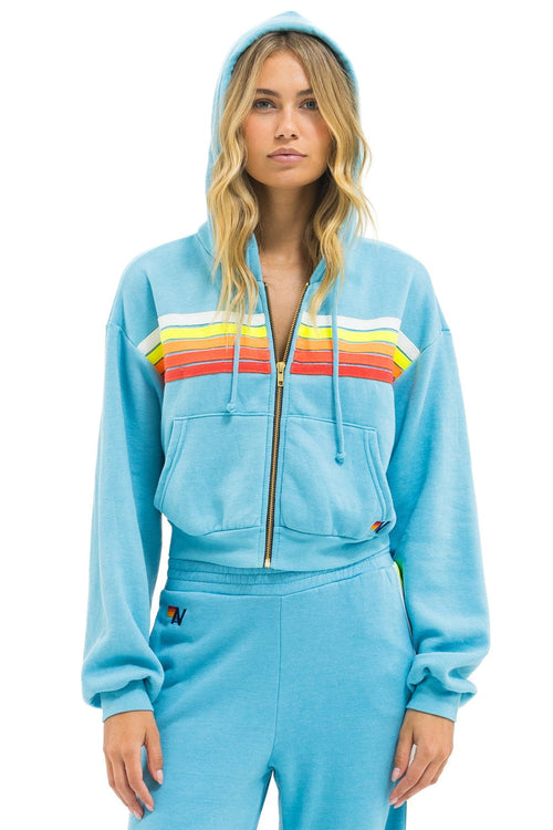 Classic 5 STRIPE CROPPED ZIP HOODIE RELAXED - AQUA WHITE NEON