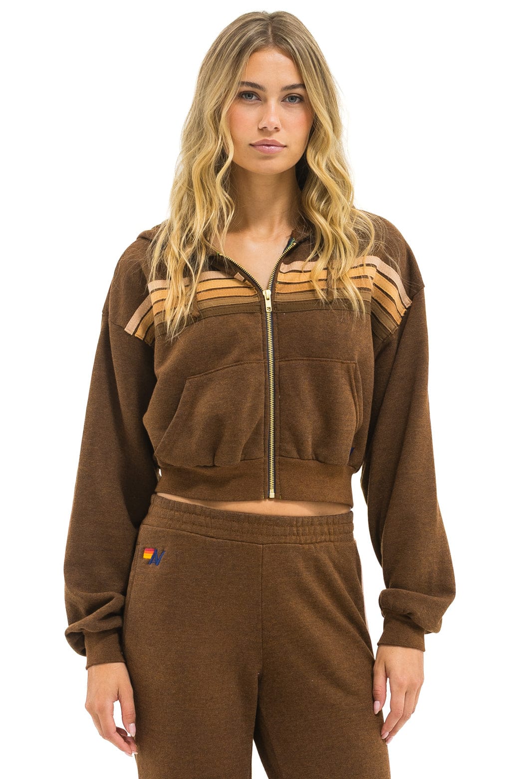 Classic 5 STRIPE CROPPED ZIP HOODIE RELAXED - CHOCOLATE ESPRESSO