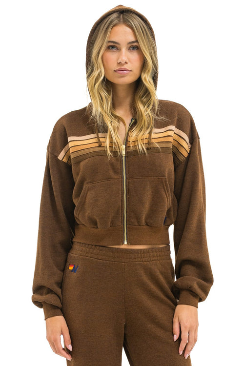 Classic 5 STRIPE CROPPED ZIP HOODIE RELAXED - CHOCOLATE ESPRESSO