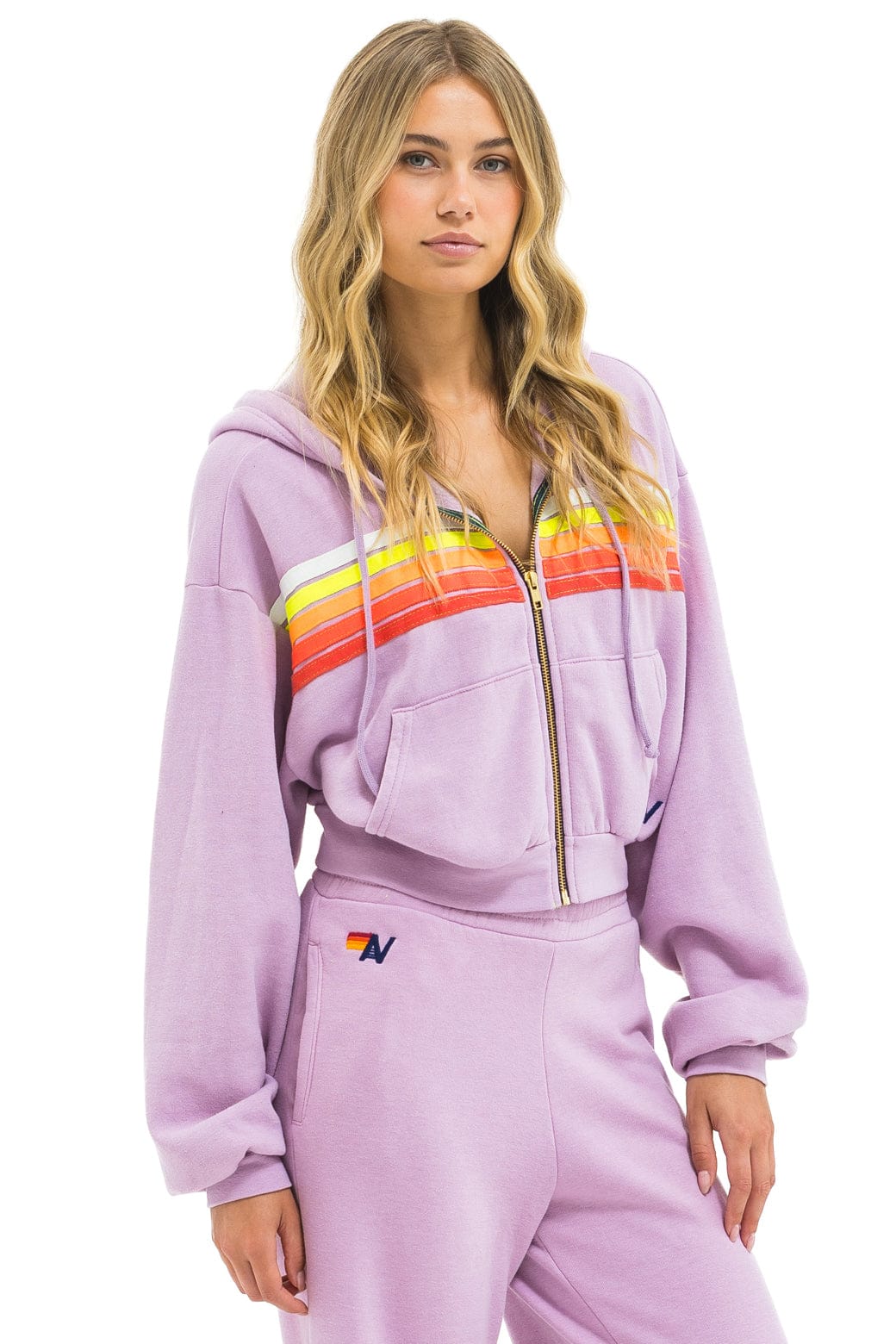 Classic 5 STRIPE CROPPED ZIP HOODIE RELAXED - MAUVE WHITE NEON