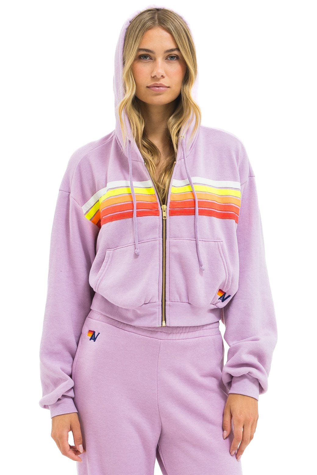 Classic 5 STRIPE CROPPED ZIP HOODIE RELAXED - MAUVE WHITE NEON