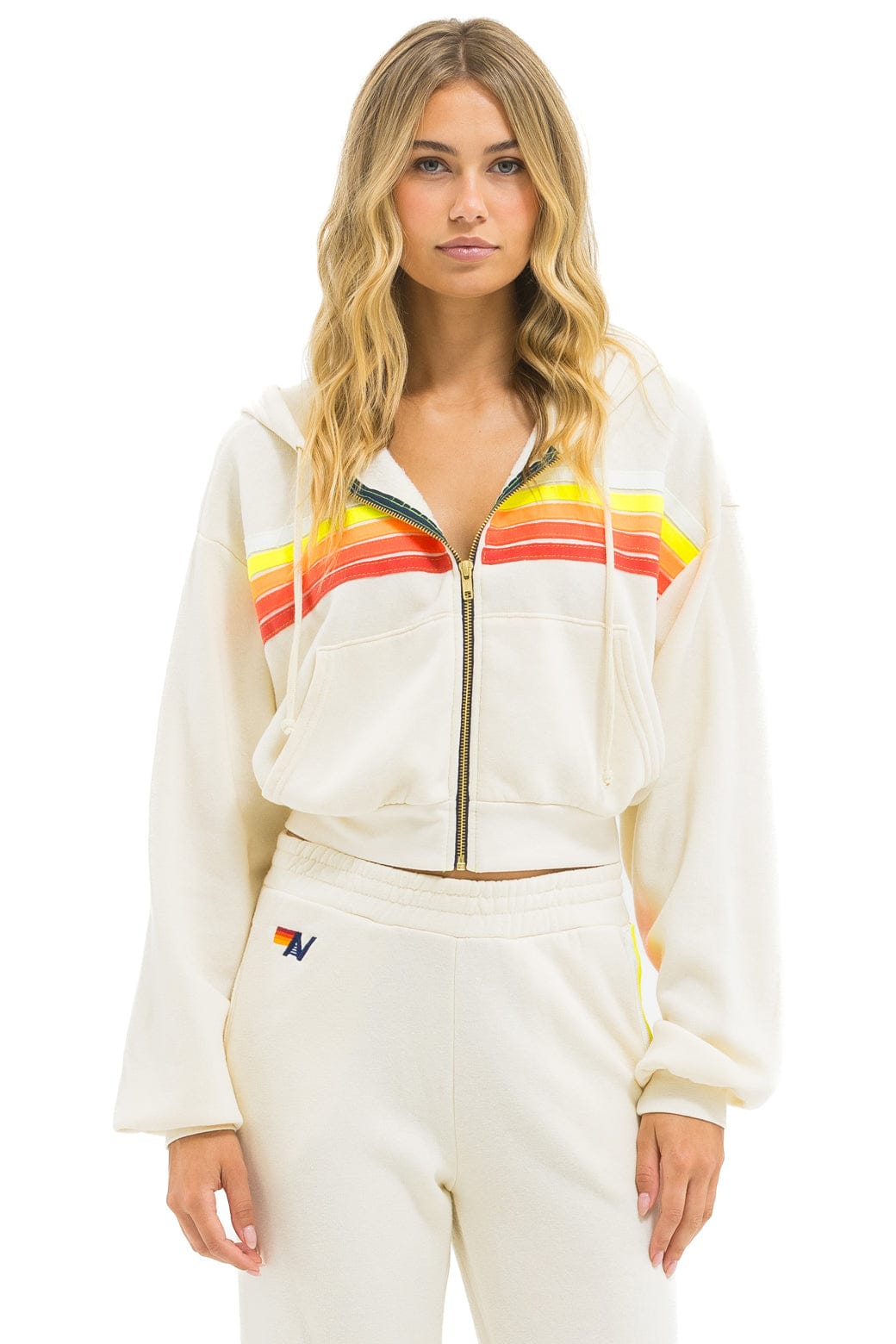 Classic 5 STRIPE CROPPED ZIP HOODIE RELAXED - VINTAGE WHITE WHITE NEON