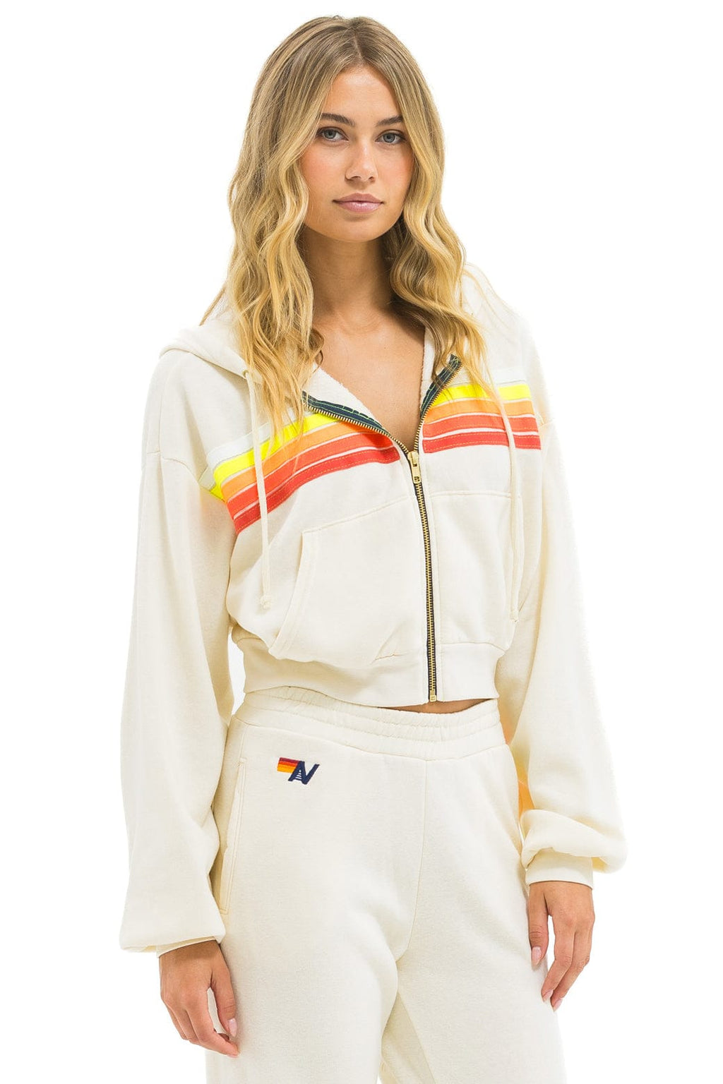 Classic 5 STRIPE CROPPED ZIP HOODIE RELAXED - VINTAGE WHITE WHITE NEON