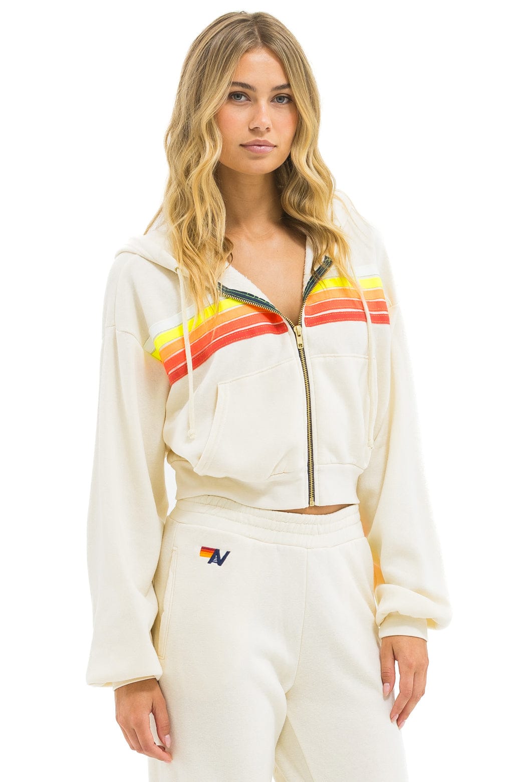 Classic 5 STRIPE CROPPED ZIP HOODIE RELAXED - VINTAGE WHITE WHITE NEON