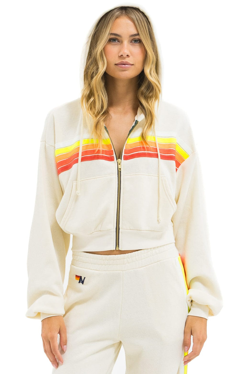 Classic 5 STRIPE CROPPED ZIP HOODIE RELAXED - VINTAGE WHITE WHITE NEON