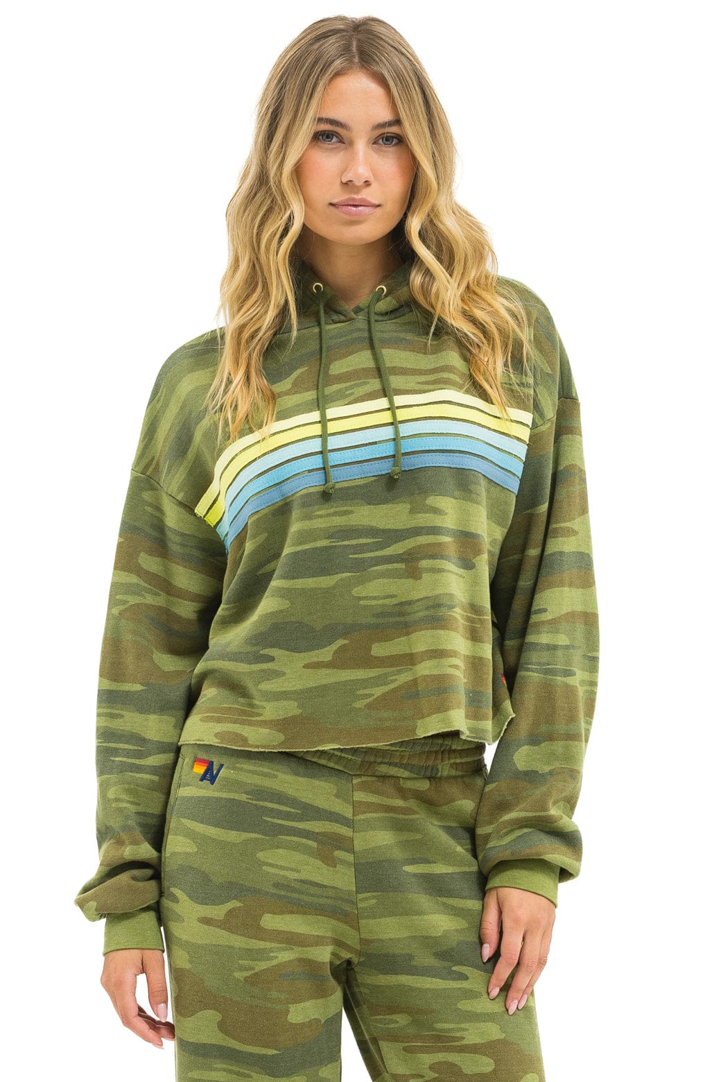 Classic 5 STRIPE RELAXED CROPPED PULLOVER HOODIE - CAMO LIME AQUA