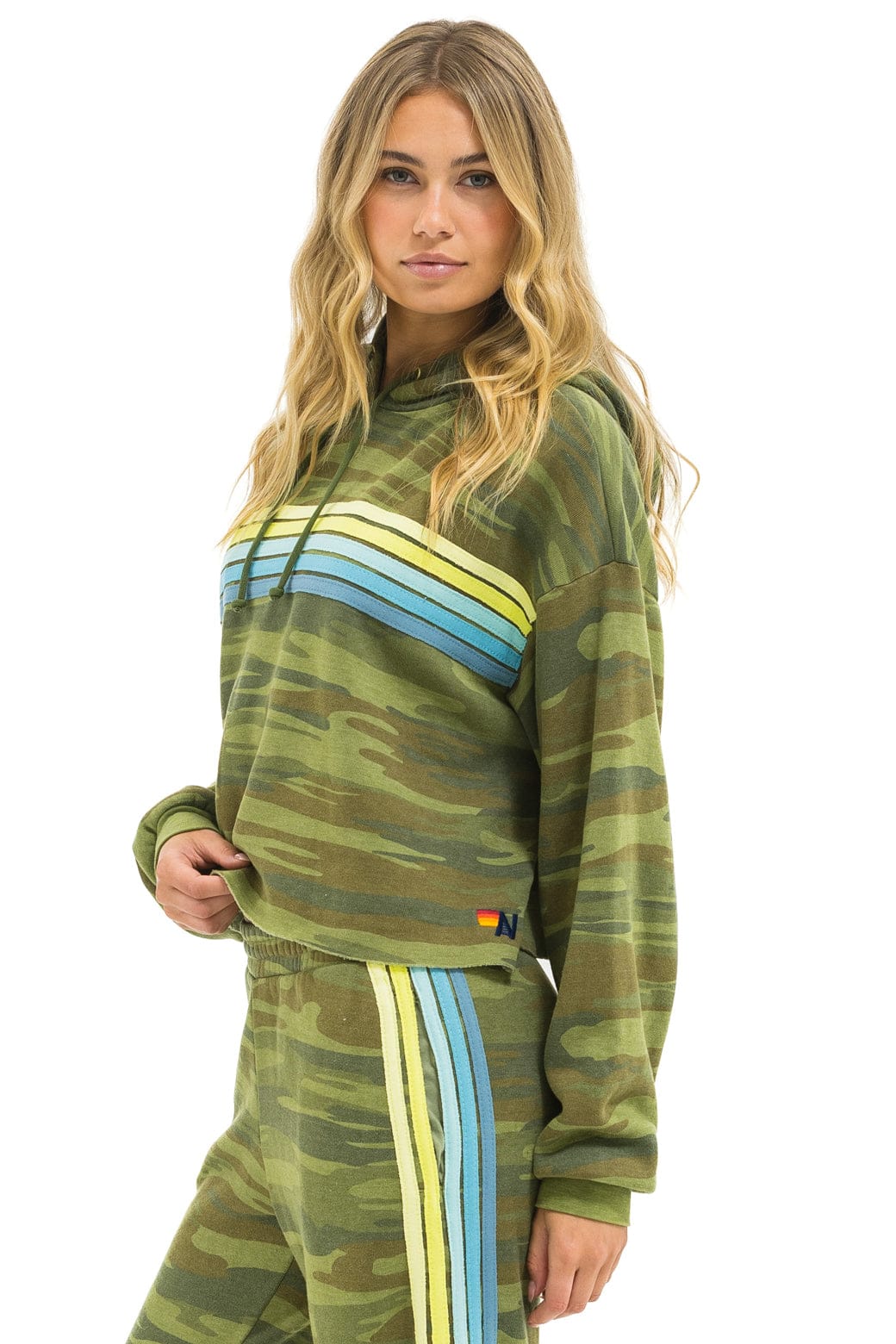 Classic 5 STRIPE RELAXED CROPPED PULLOVER HOODIE - CAMO LIME AQUA