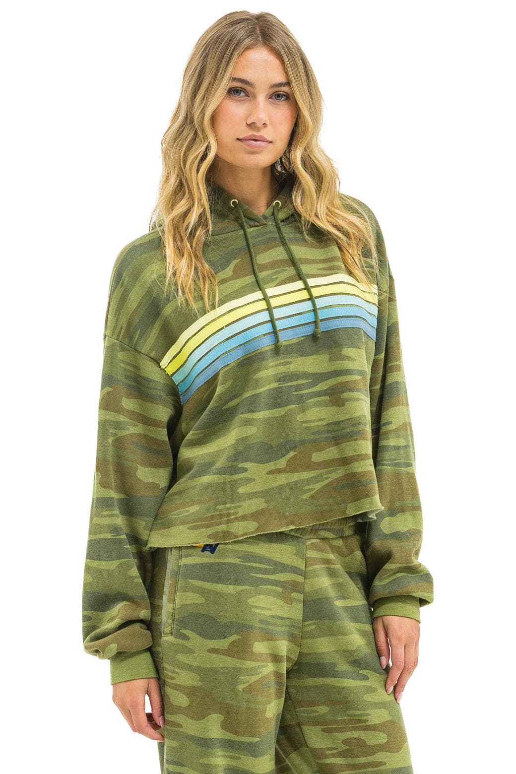 Classic 5 STRIPE RELAXED CROPPED PULLOVER HOODIE - CAMO LIME AQUA