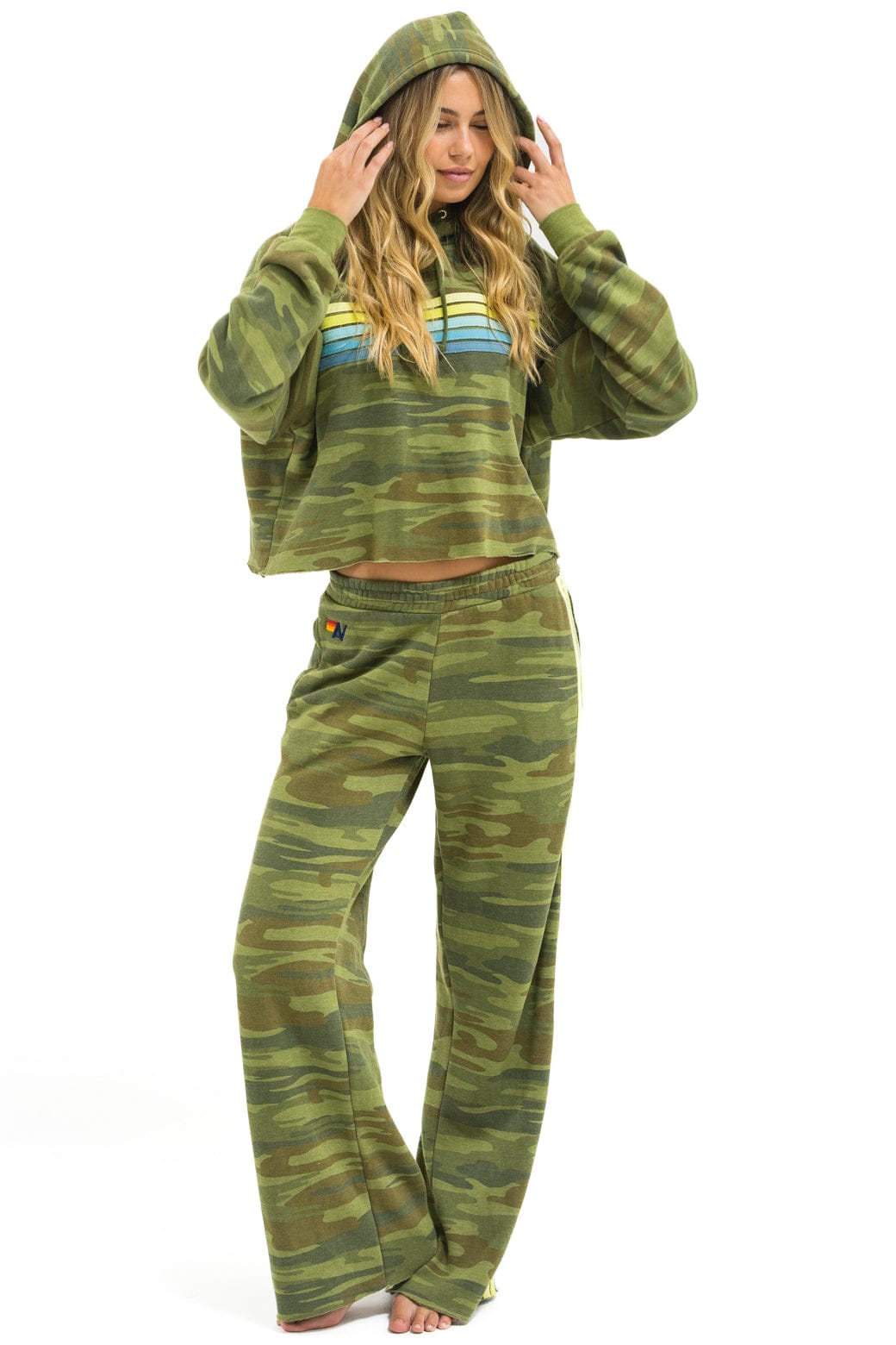 Classic 5 STRIPE RELAXED CROPPED PULLOVER HOODIE - CAMO LIME AQUA