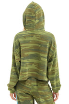 Classic 5 STRIPE RELAXED CROPPED PULLOVER HOODIE - CAMO LIME AQUA