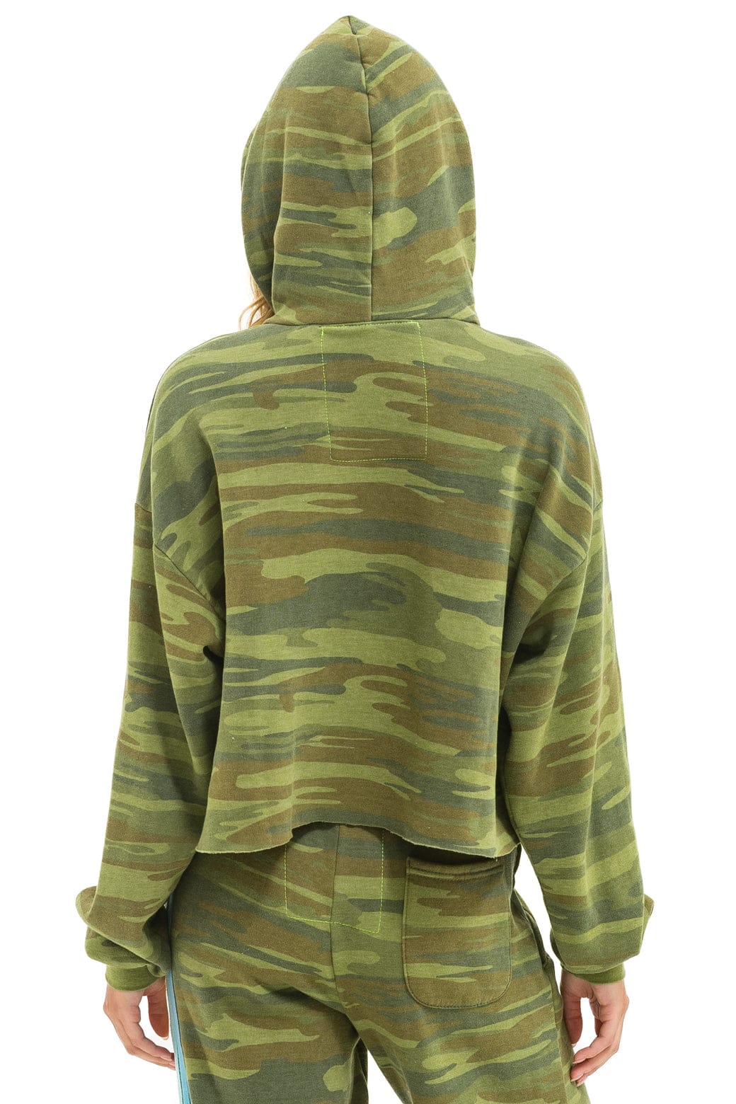 Classic 5 STRIPE RELAXED CROPPED PULLOVER HOODIE - CAMO LIME AQUA