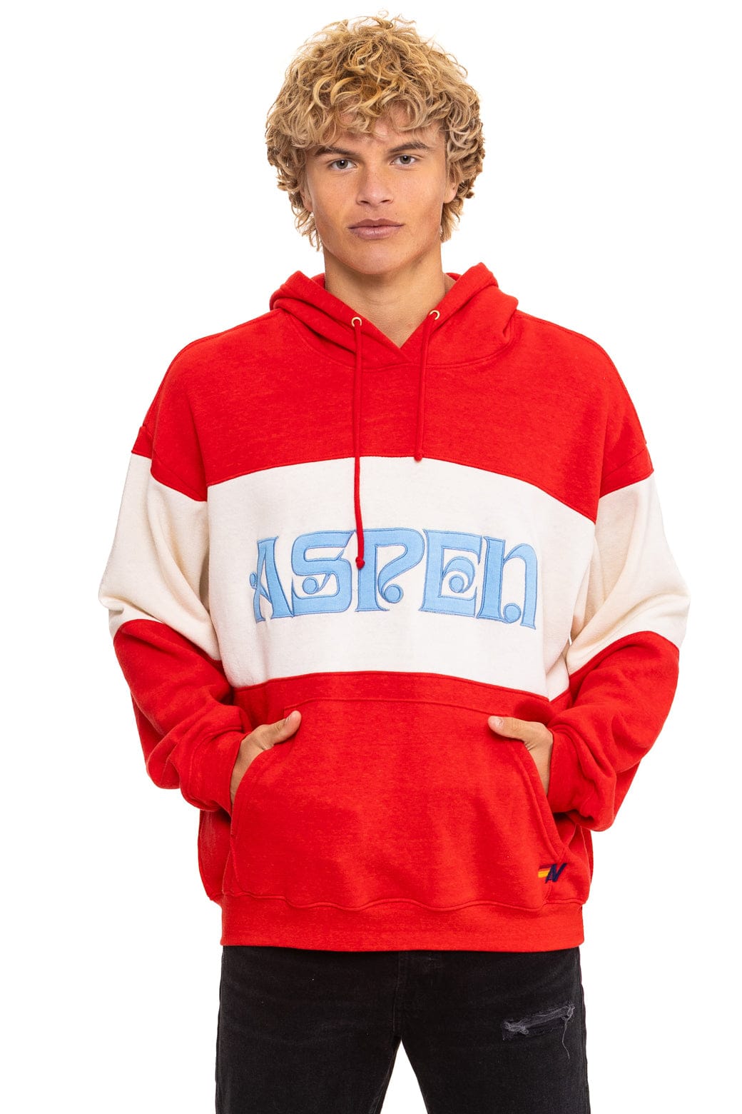 Classic ASPEN EMBROIDERY COLOR BLOCK PULLOVER HOODIE RELAXED - RED VINTAGE WHITE