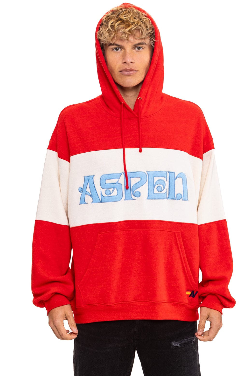 Classic ASPEN EMBROIDERY COLOR BLOCK PULLOVER HOODIE RELAXED - RED VINTAGE WHITE