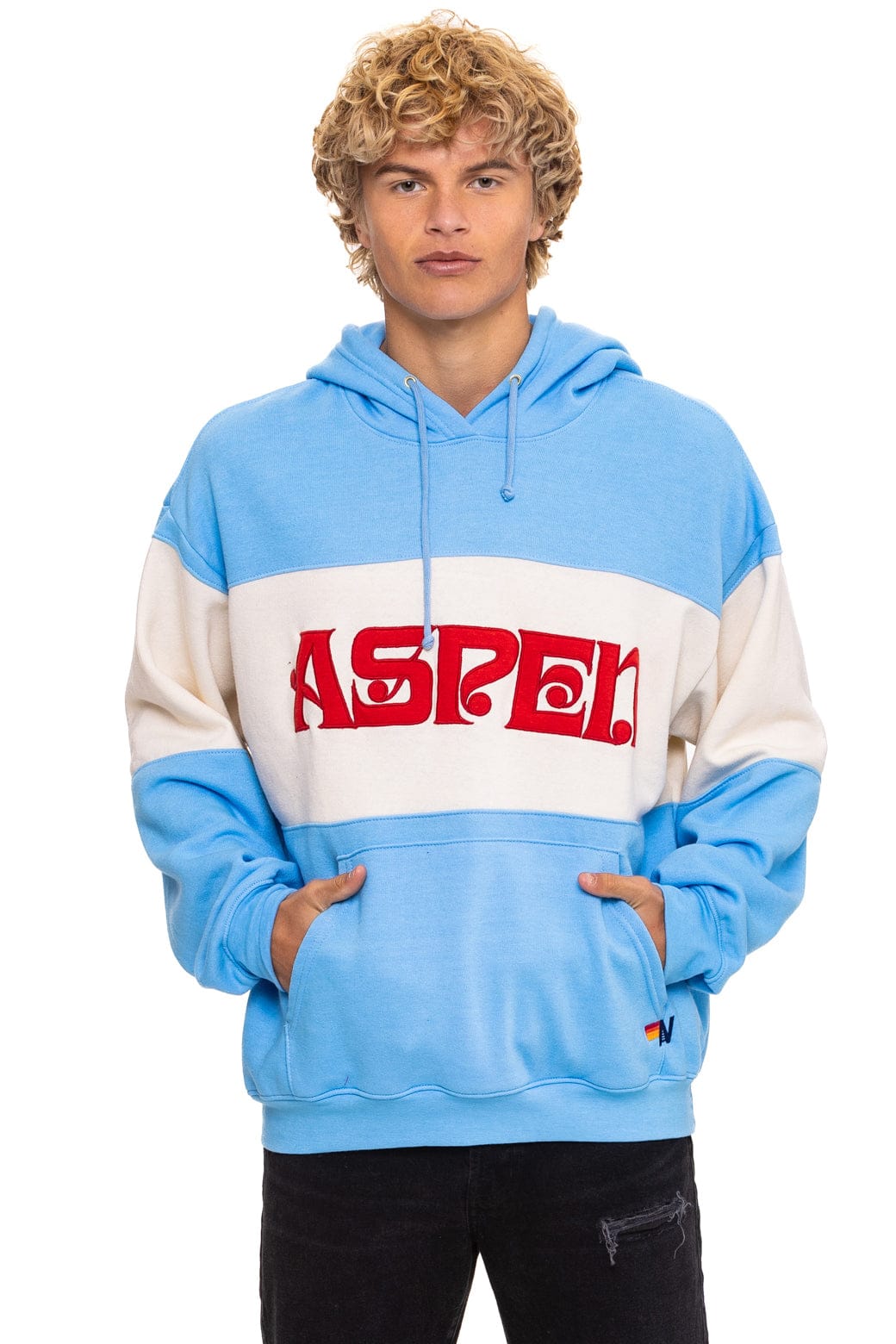 Classic ASPEN EMBROIDERY COLOR BLOCK PULLOVER HOODIE RELAXED - SKY VINTAGE WHITE