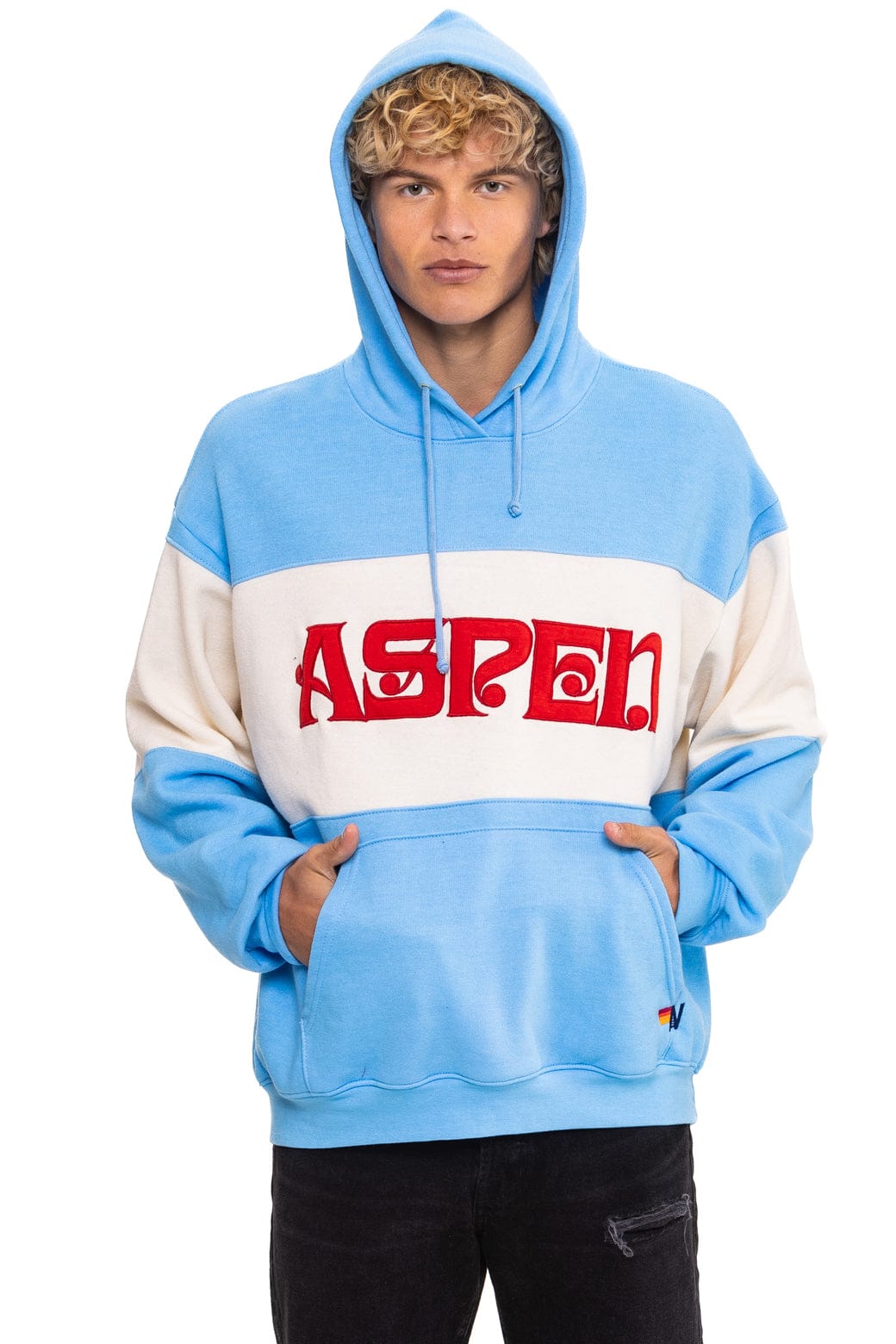 Classic ASPEN EMBROIDERY COLOR BLOCK PULLOVER HOODIE RELAXED - SKY VINTAGE WHITE