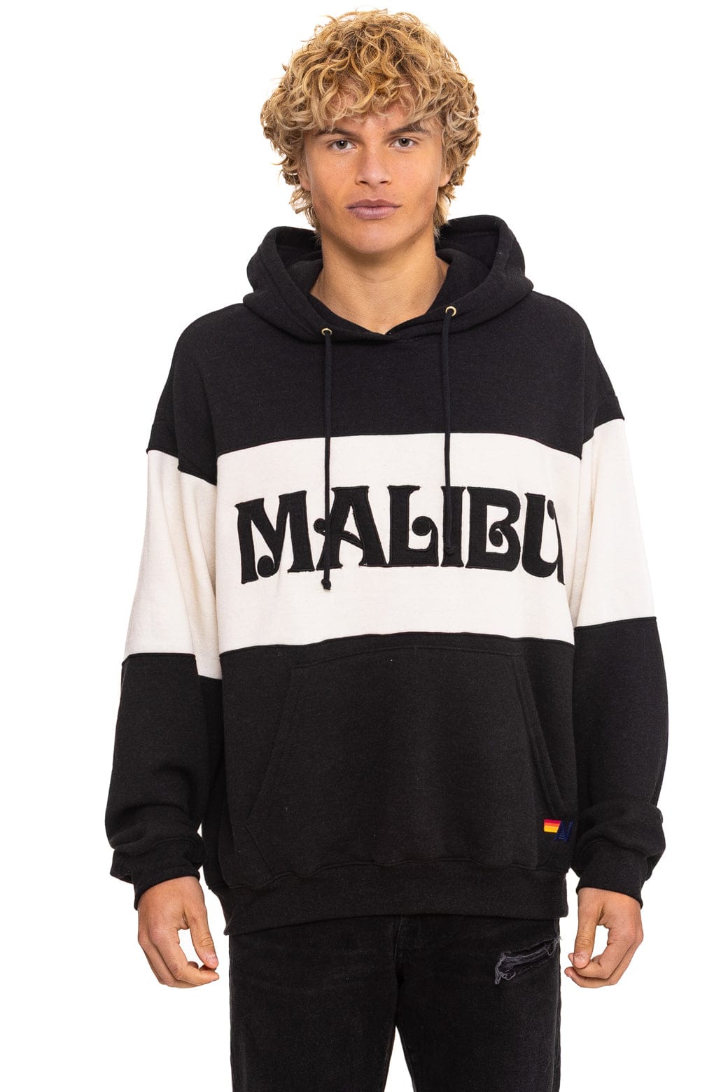 Classic MALIBU EMBROIDERY COLOR BLOCK PULLOVER HOODIE RELAXED - BLACK VINTAGE WHITE
