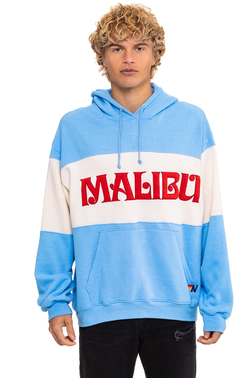 Classic MALIBU EMBROIDERY COLOR BLOCK PULLOVER HOODIE RELAXED - SKY VINTAGE WHITE