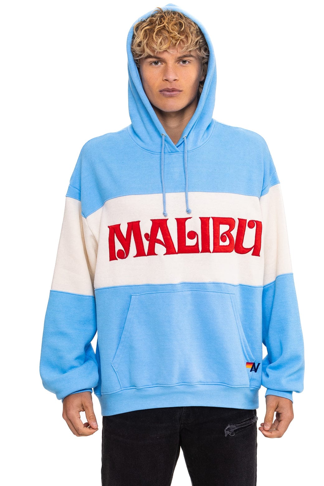 Classic MALIBU EMBROIDERY COLOR BLOCK PULLOVER HOODIE RELAXED - SKY VINTAGE WHITE
