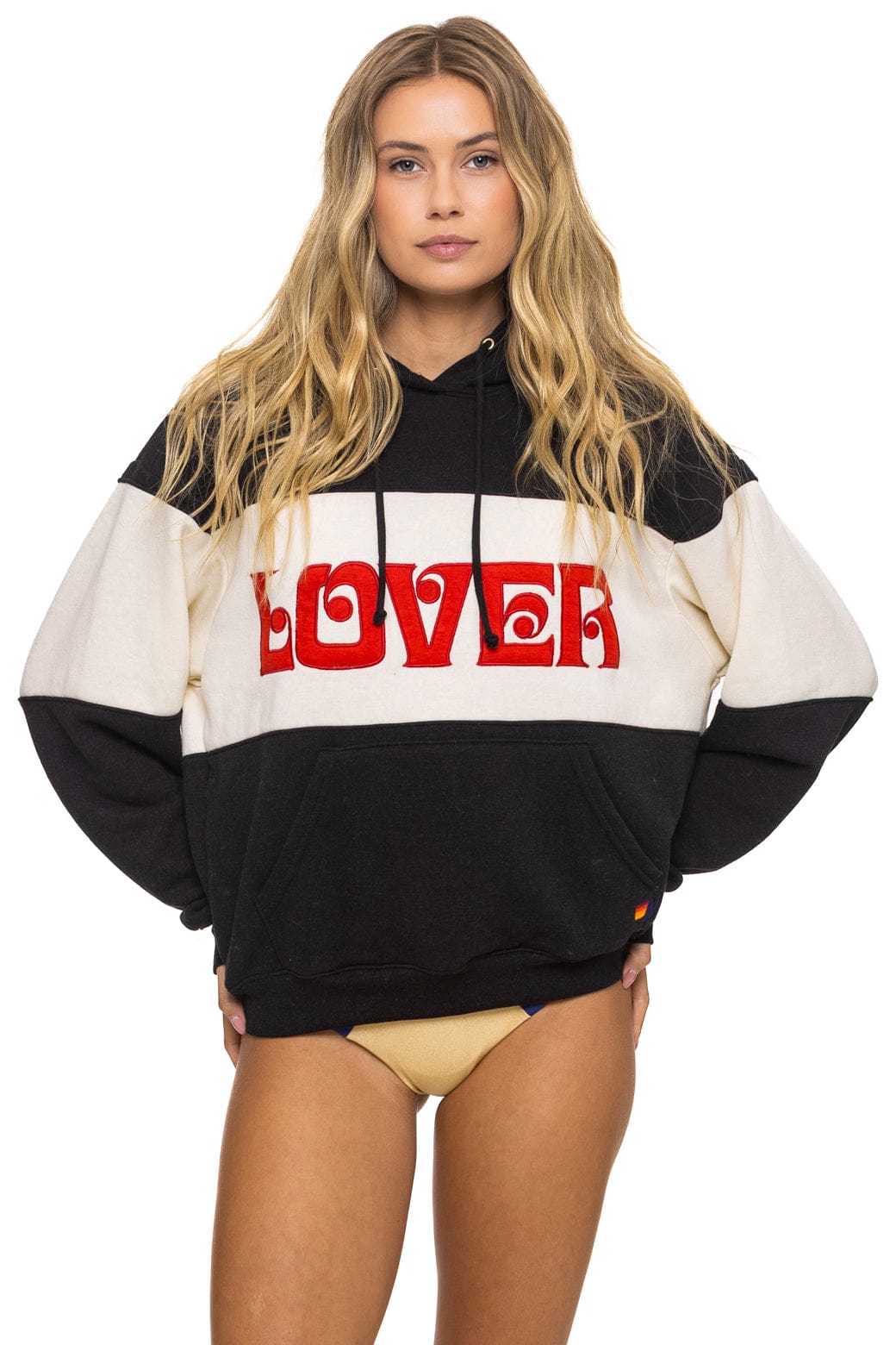 Classic LOVER EMBROIDERY COLOR BLOCK PULLOVER HOODIE RELAXED - BLACK VINTAGE WHITE