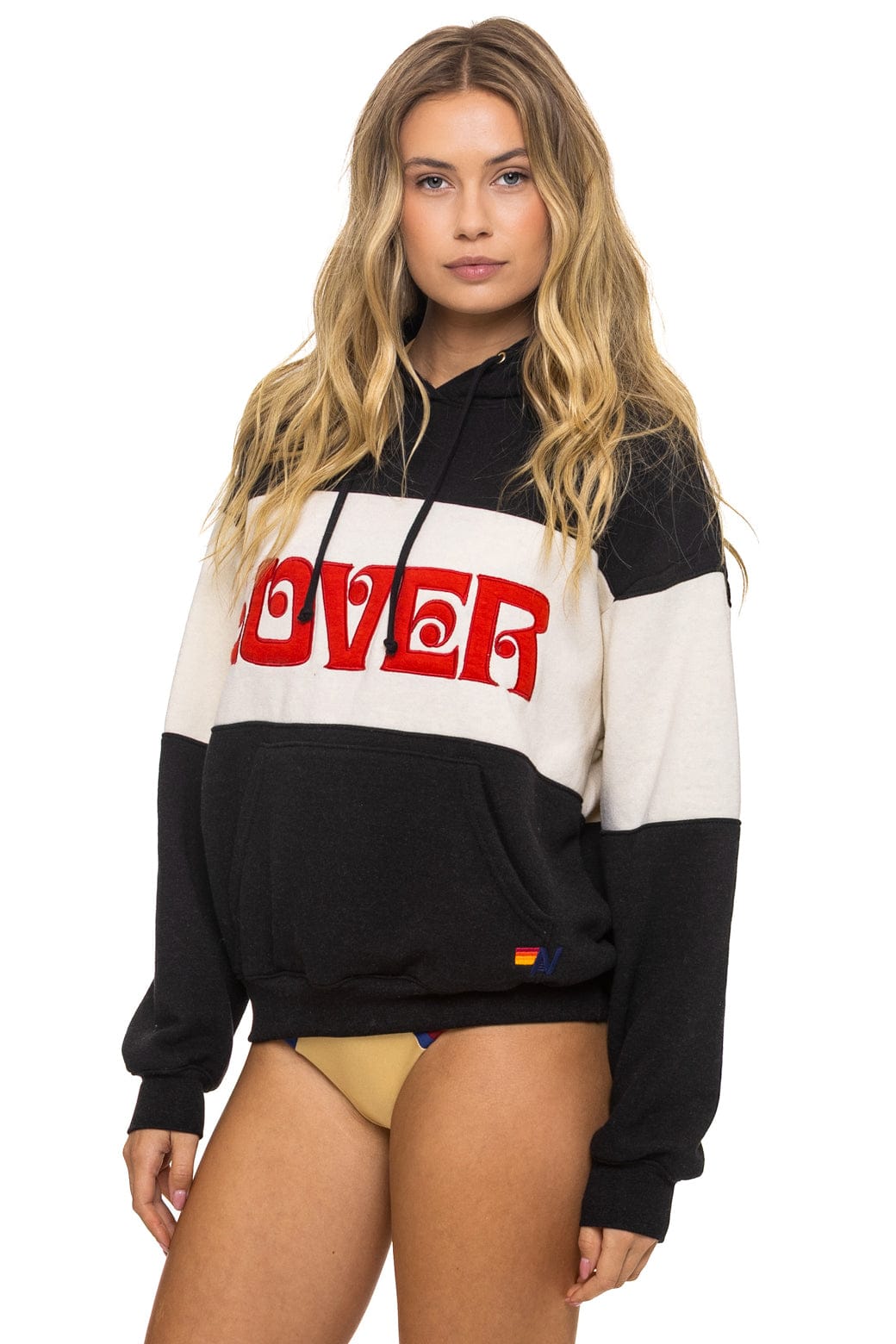 Classic LOVER EMBROIDERY COLOR BLOCK PULLOVER HOODIE RELAXED - BLACK VINTAGE WHITE