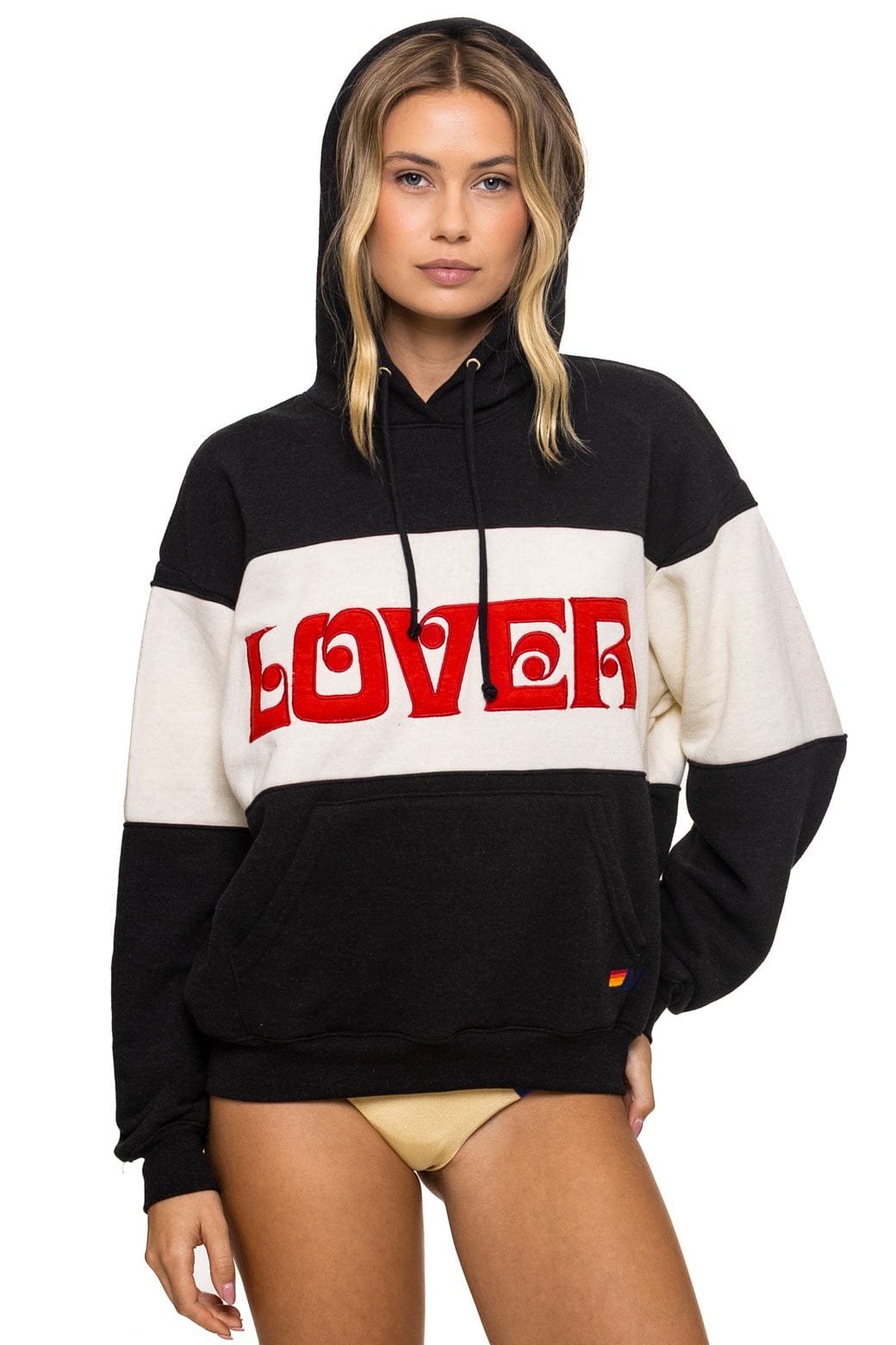 Classic LOVER EMBROIDERY COLOR BLOCK PULLOVER HOODIE RELAXED - BLACK VINTAGE WHITE