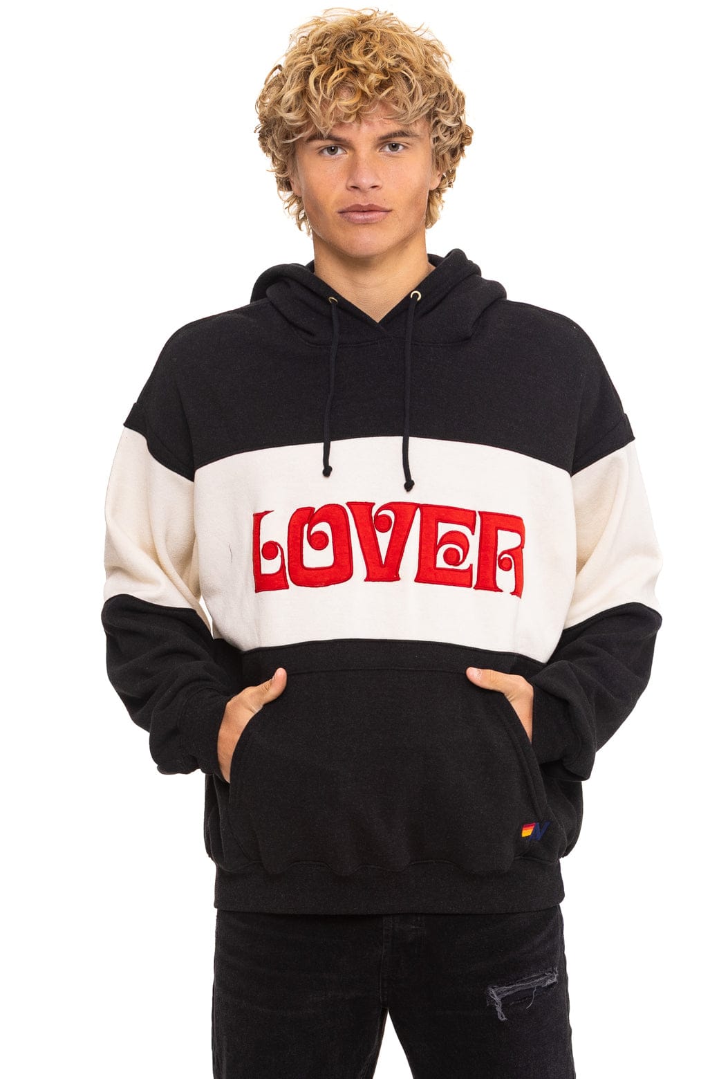 Classic LOVER EMBROIDERY COLOR BLOCK PULLOVER HOODIE RELAXED - BLACK VINTAGE WHITE