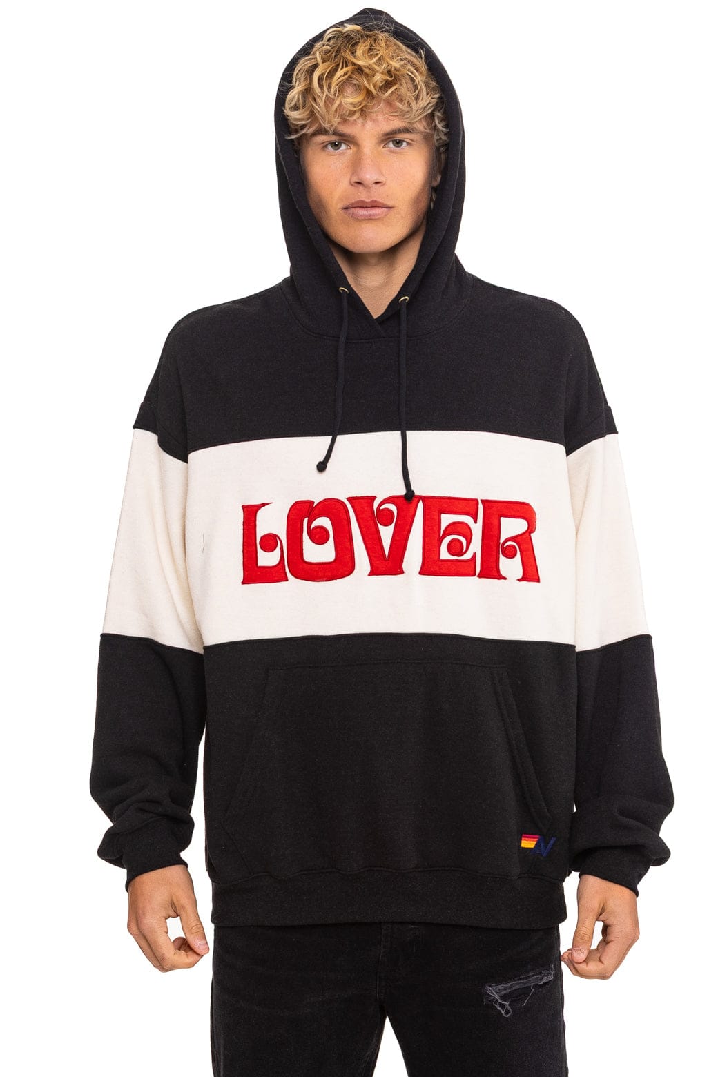 Classic LOVER EMBROIDERY COLOR BLOCK PULLOVER HOODIE RELAXED - BLACK VINTAGE WHITE
