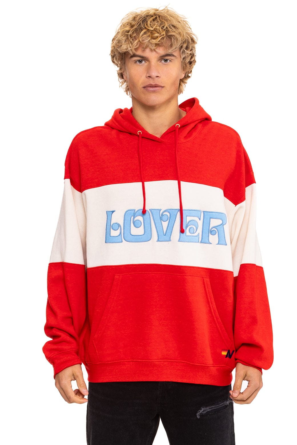 Classic LOVER EMBROIDERY COLOR BLOCK PULLOVER HOODIE RELAXED - RED VINTAGE WHITE
